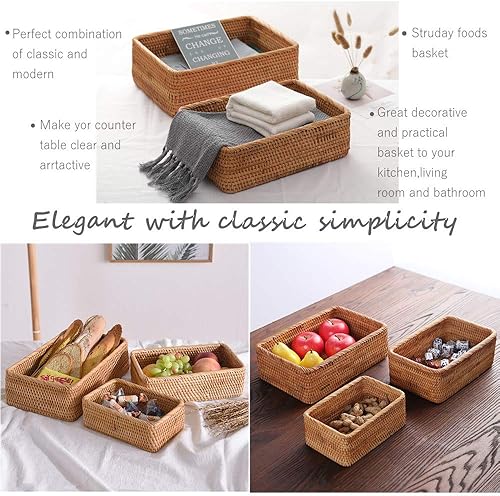 Miniatura 7 de Caja de frutas de mimbre rectangular hecha a mano, bandeja de ratán, organizador de revistas y objetos pequeños, cesta para servir (pequeña)