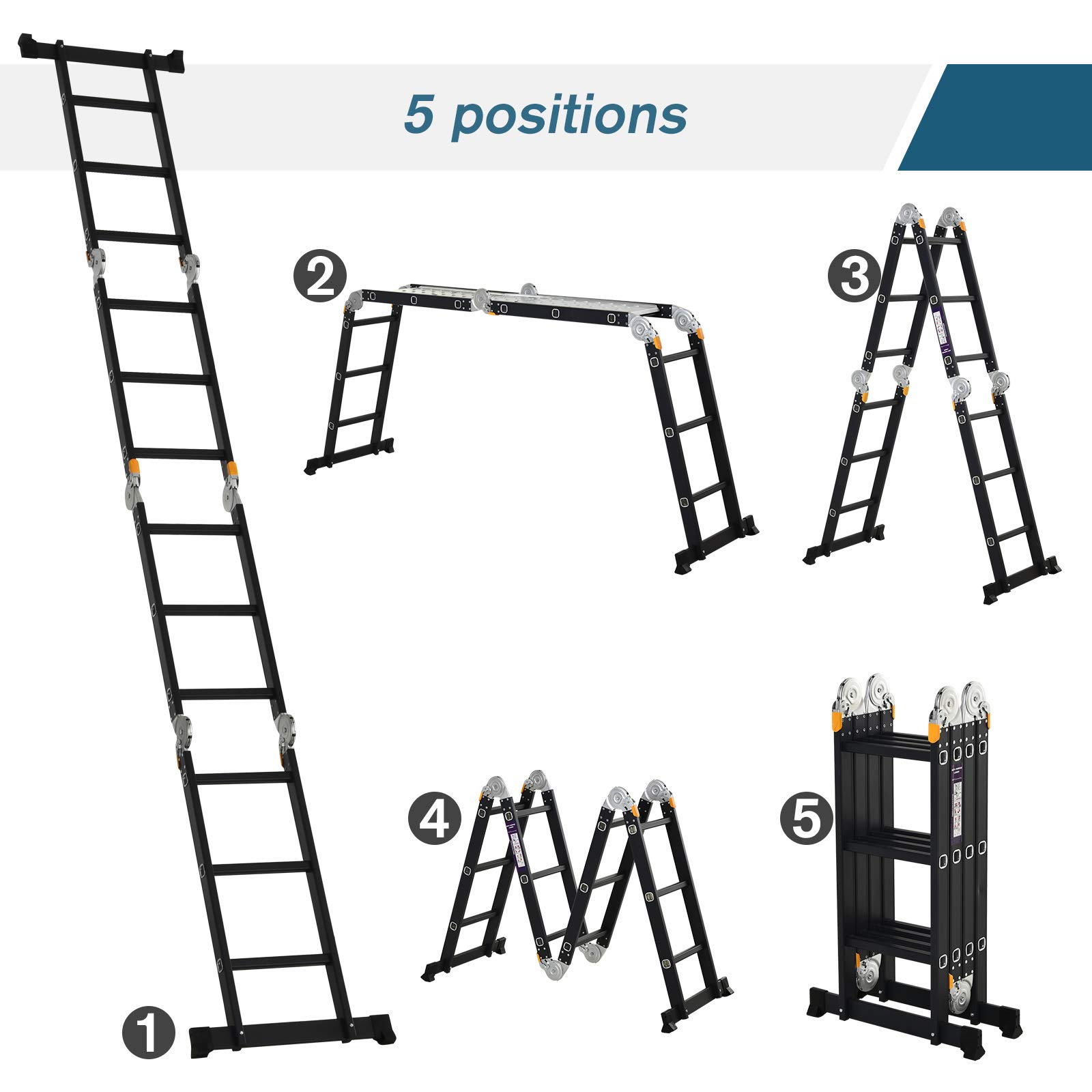 HOMCOM Échelle Aluminium Pliable Multifonction 5 Positions 3,7 m Noir | 12 Échelons, Certification NF EN131, Charge Max. 150 Kg