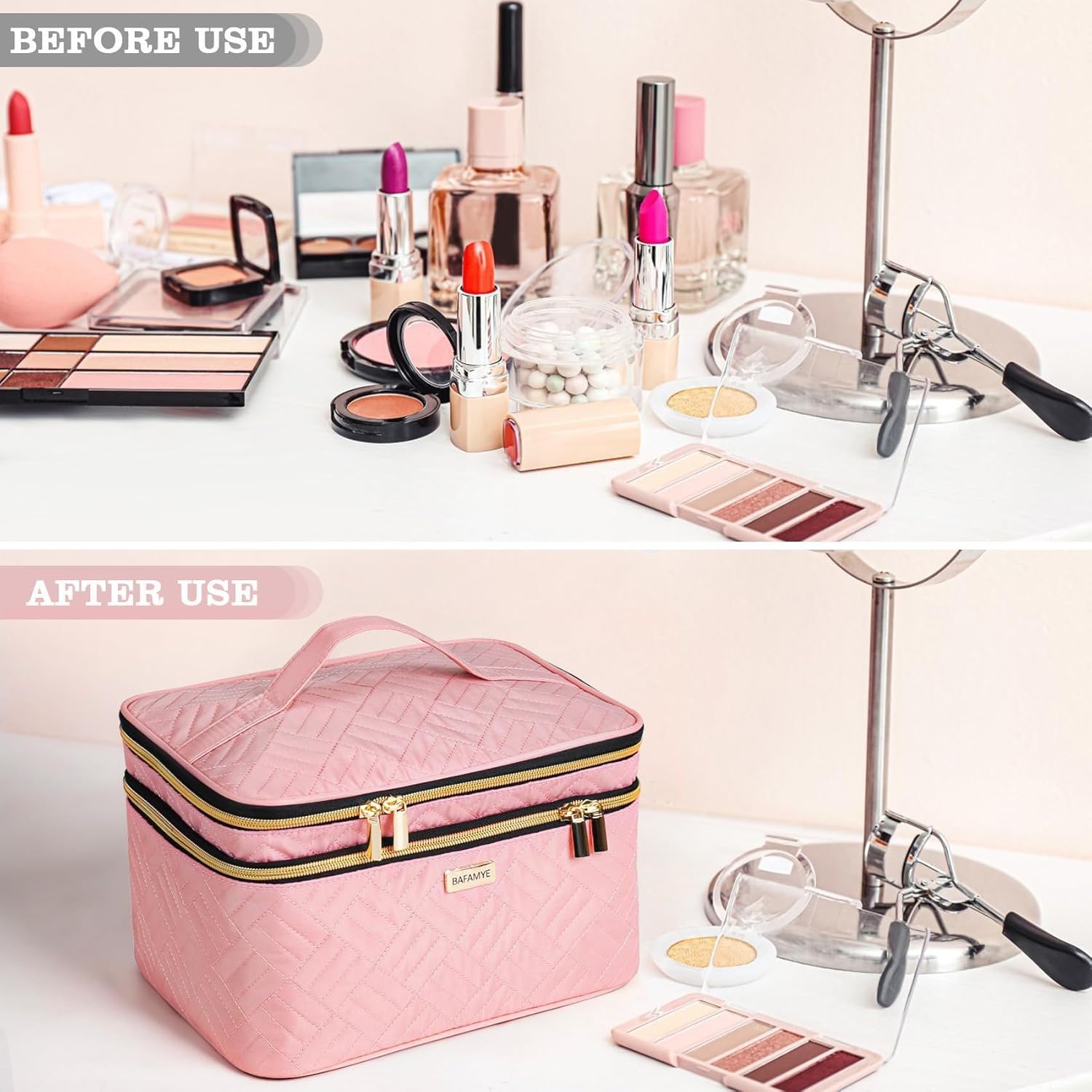 BAFAMYE 8.8L Double Layer Travel Makeup Bag With Mirror For Women, Large Cosmetic Case, Organizer for Travel-Size Accessories Bottles, Brushes,and Skin Care Products, 2.33 GAL, Pink