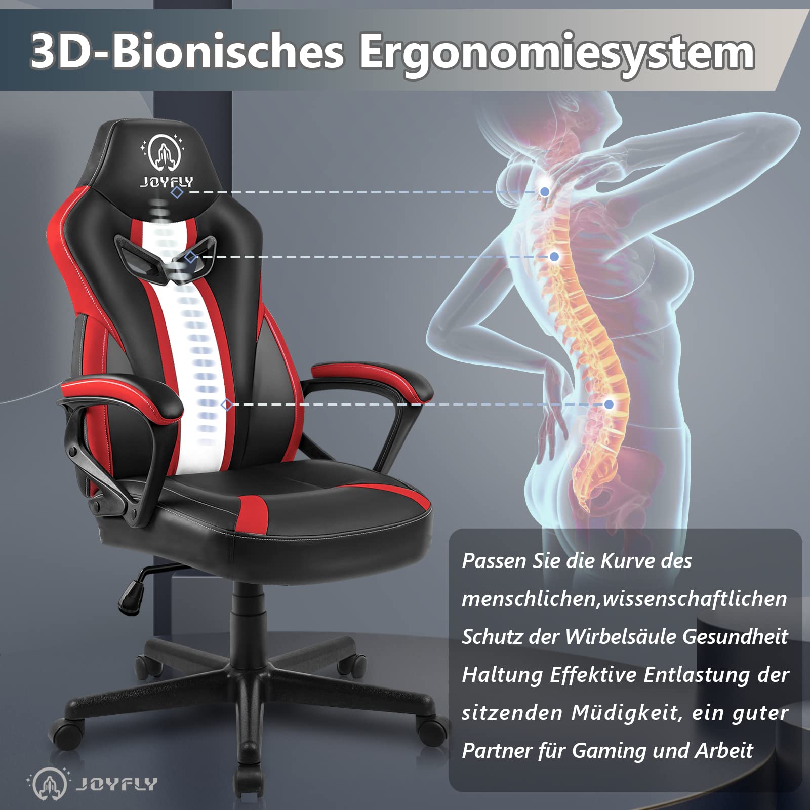 JOYFLY Sedia Gaming Ergonomica Poltrona Gaming con Supporto Lombare Pelle di PU Poltrona per Gamer con Altezza Regolabile, Adulti Giovani(Rosso)