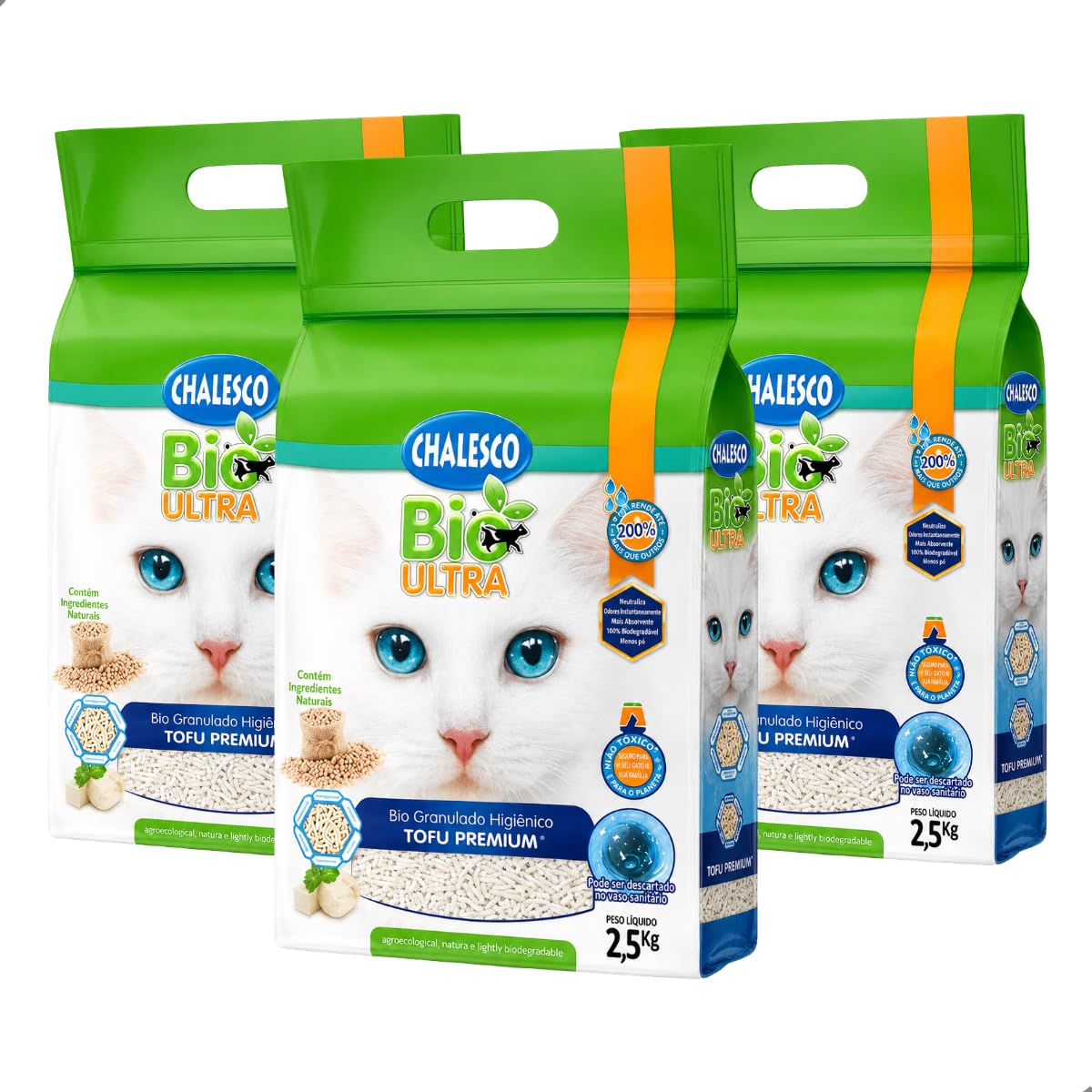 Kit 3 Areia Sanitária Higiênica para Gatos Granulado Chalesco Premium Natural Tofu Bio