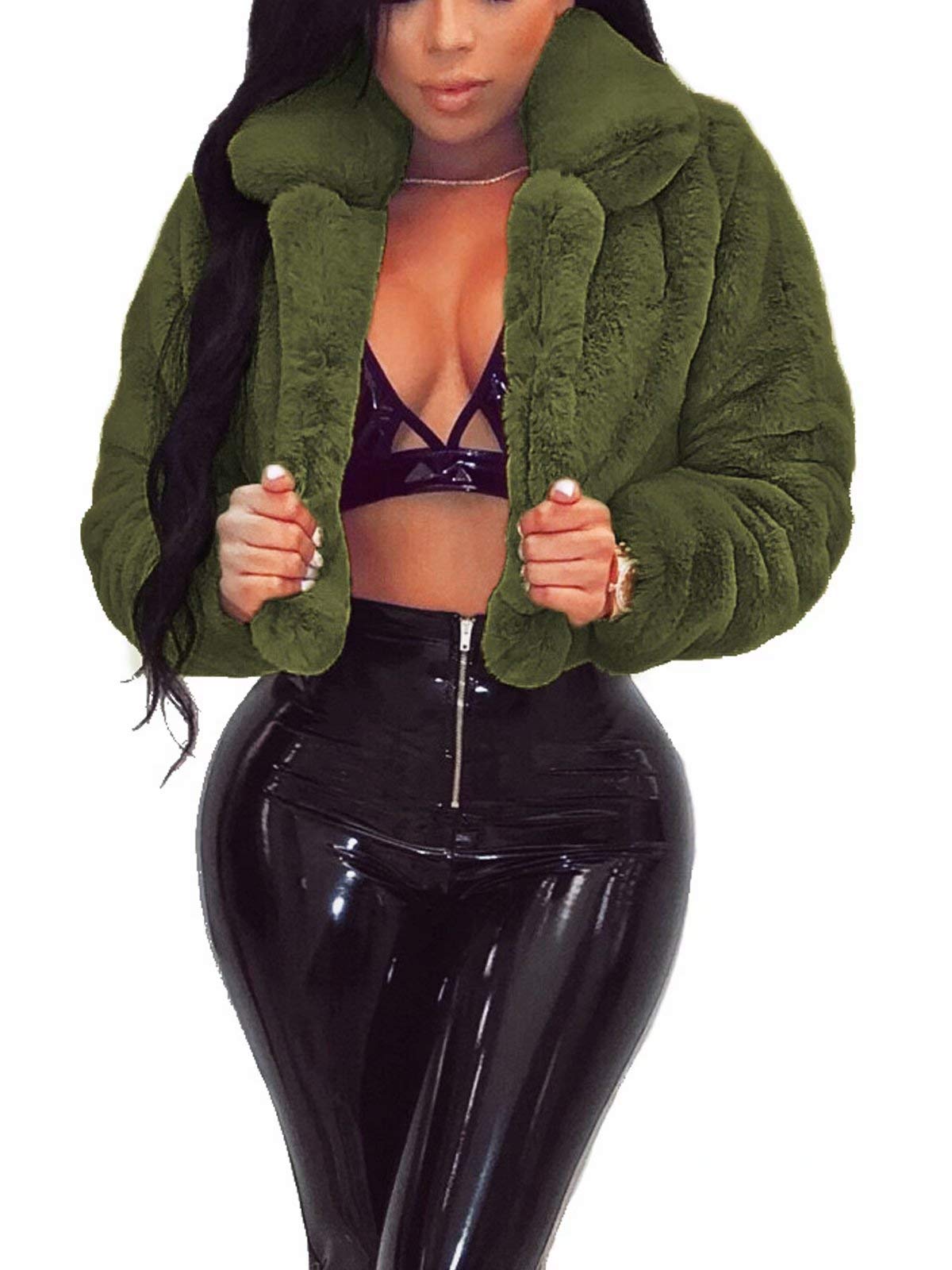 RAMOUG Women Faux Fur Jacket Lapel Crop Fuzzy Coat Outerwear