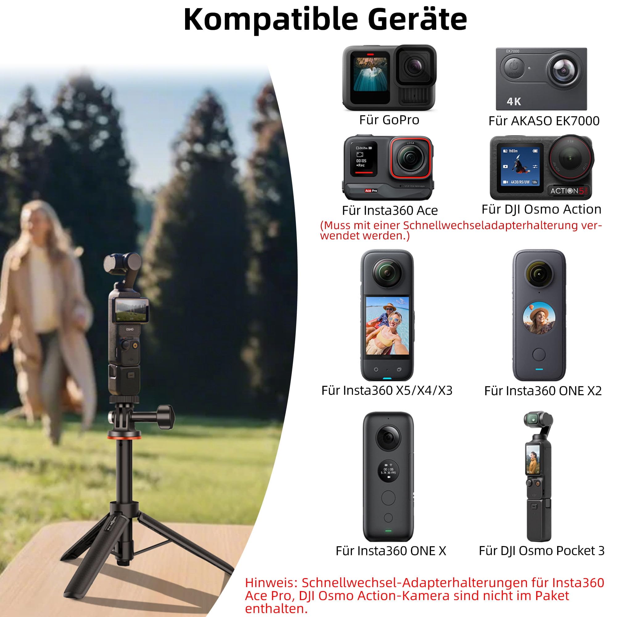 51cm Selfie Stick Stativ für Action Cams, Kompatibel mit GoPro Hero 13/12/11/10/9/Max2, DJI Osmo Pocket 3, Action 6/5 Pro/4, AKASO EK7000 und Anderen Action-Kameras