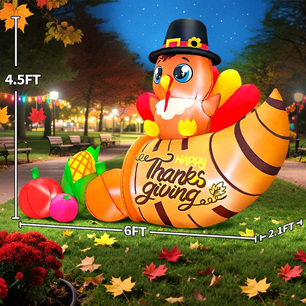 6FT Thanksgiving Inflatables Outdoor Decoration Inflatable Turkey with Cornucopla, Built in LED Lights Blow Up Yard Decorations for Fall Holiday Party Garden Lawn Décor