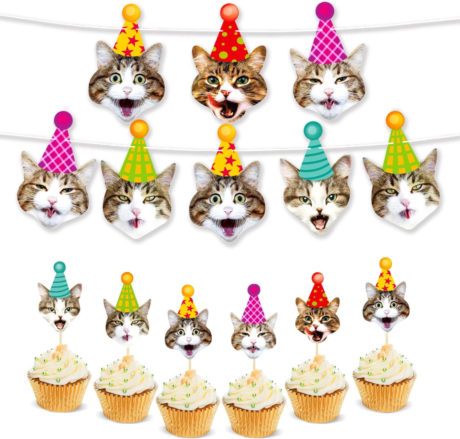 Cat Party Supplies Cat Birthday Garland Banner Cake Toppers Photographic Cat Faces Birthday Cake Banner Decorations Birthday Party Bunting Banner Decor