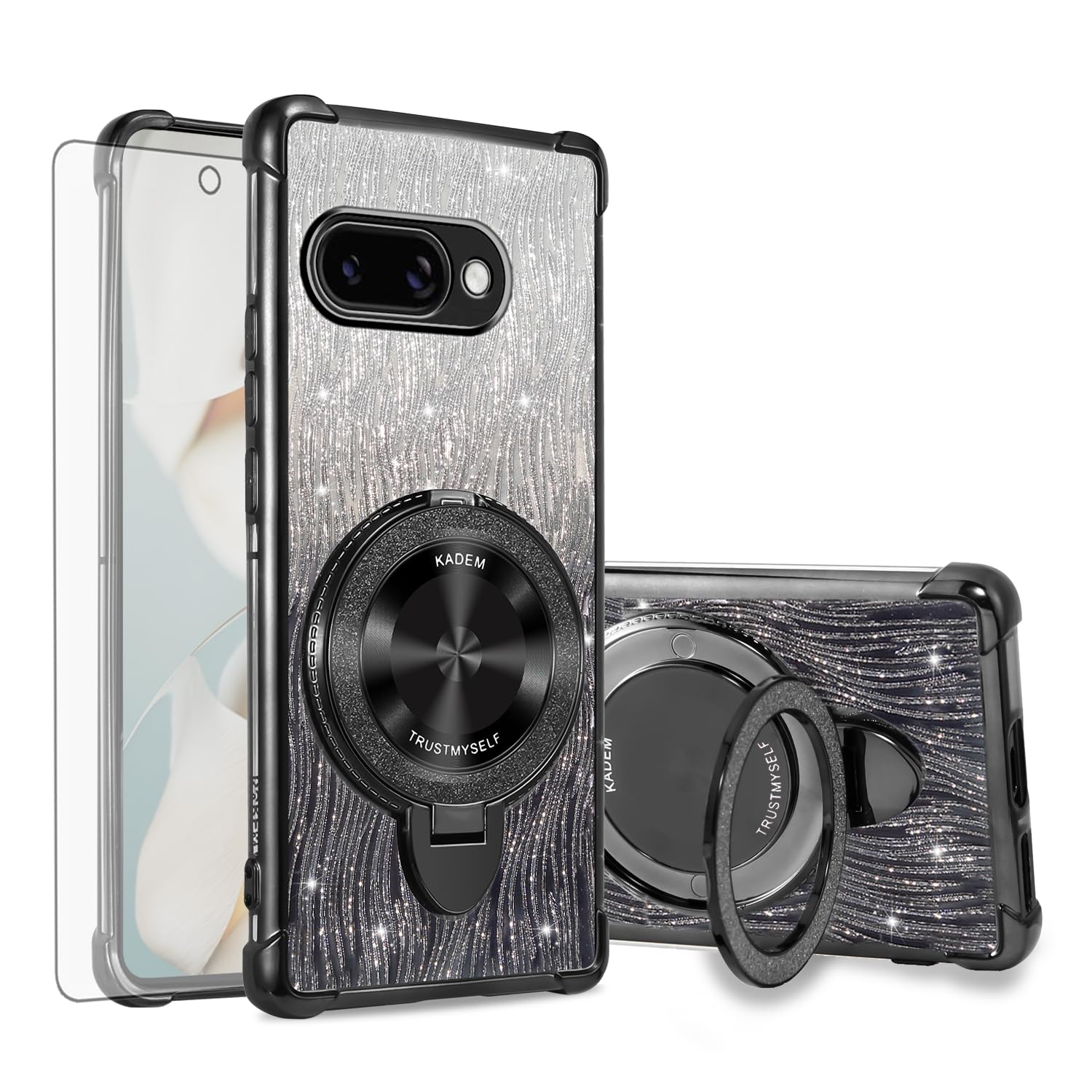 Coque Google Pixel 9A magnétique paillettes avec protège-écran et anneau support