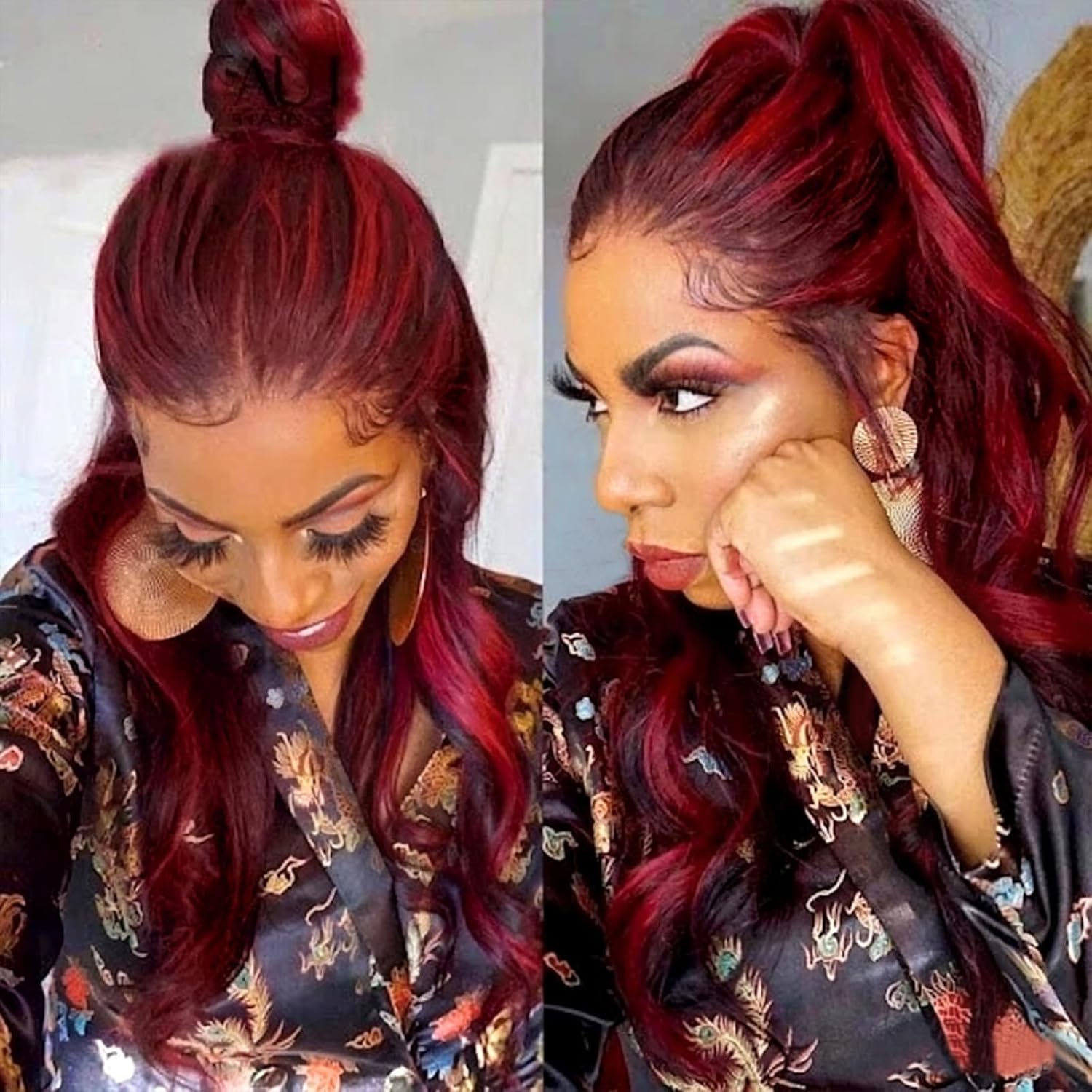99j Burgundy Lace Front Wigs Human Hair 13x6 Body Wave Red Highlight Lace Front Wigs Human Hair Pre Plucked 200% Density HD Transparent Dark Red Colored Wigs Human Hair for Women 26 Inch