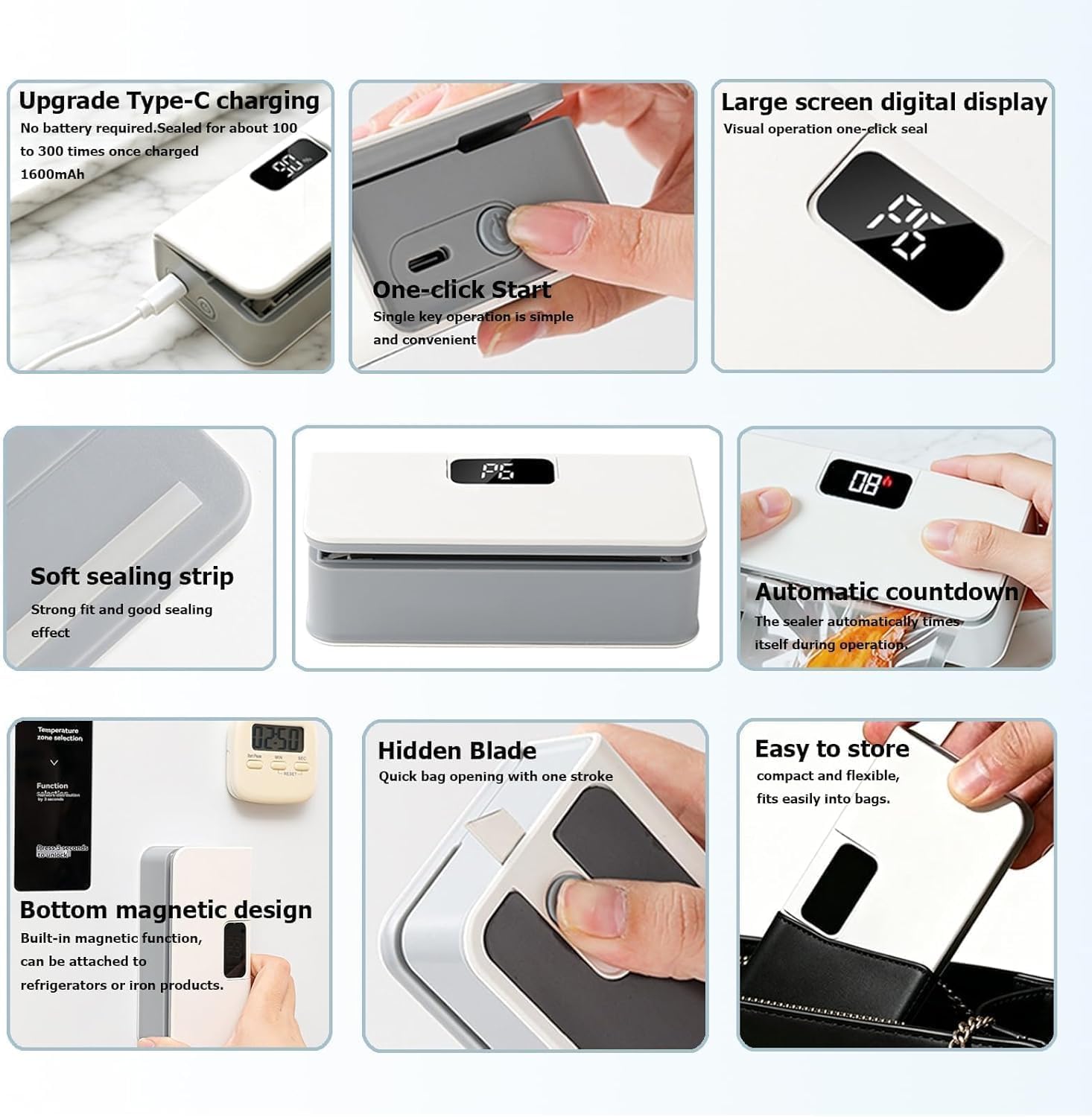 Mini Magnetic Bag Sealer Rechargeable Heat Sealer Cutter with LED Display thumbnail 4