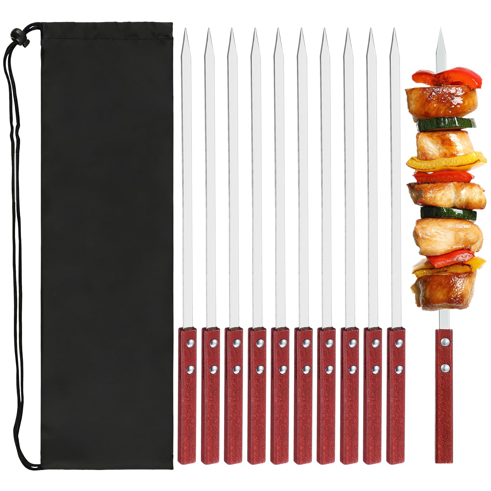 Brochette Inox 35cm Pic à Brochette avec Manche en Bois Réutilisable Résistante à la Chaleur Barbecue 10 Pièces