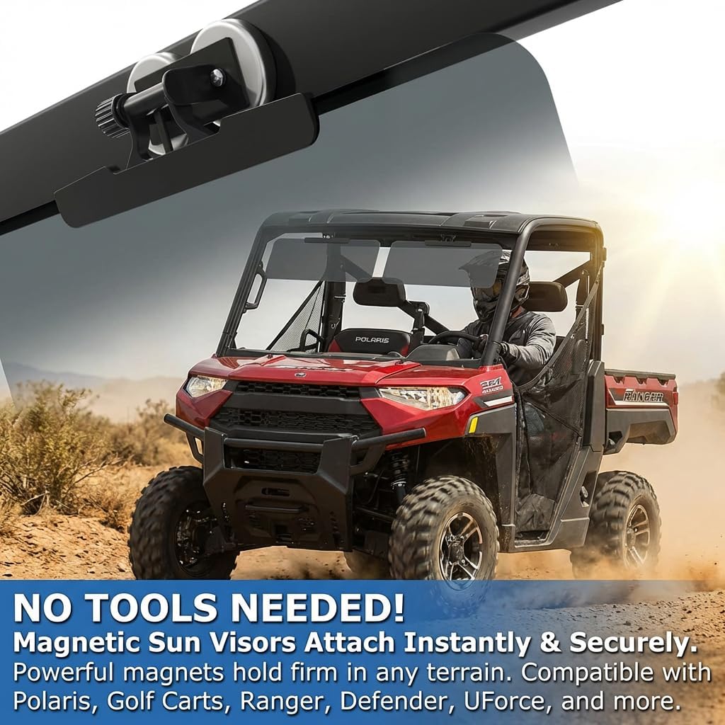2-Pack Magnetic UTV & Golf Cart Sun Visor, 15.7" x 7.8" Polarized Anti-Glare Sun Shade for Windshield, Instant Install Flip Down Visor Compatible with Polaris Ranger, Club Car, EZGO