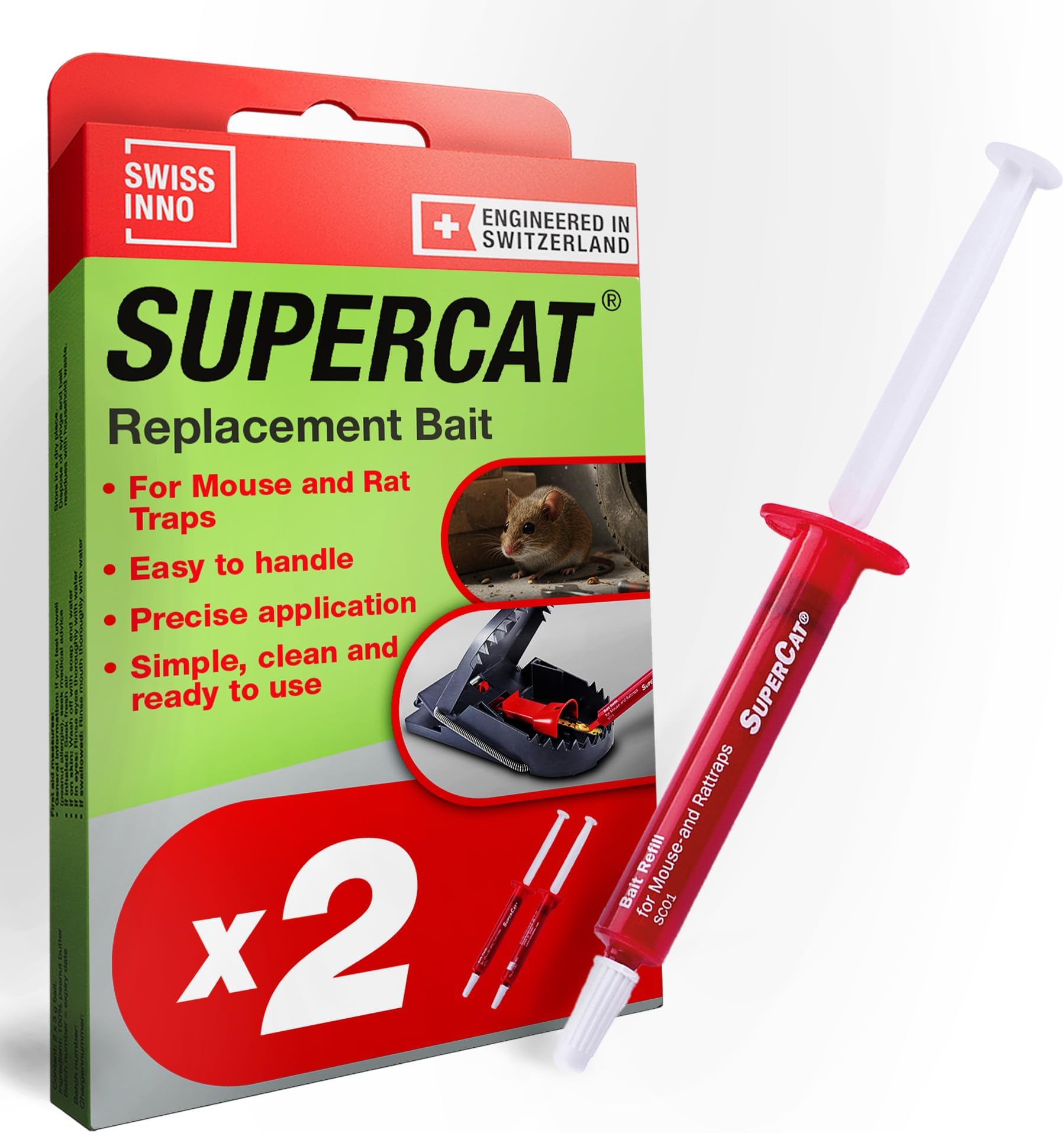 SWISSINNO SuperCat Bait Syringes Mouse & Rat Trap Bait Refill with Peanut Butter – Food-Based Rodent Attractant for Mouse Traps and Rat Traps, Indoor Rodent Control, Pack of 2