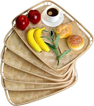 PEMAR Set of 4 Natural Bamboo Trays for Eating - Hand-Woven Handcrafted Rectangular Serving Trays with Handles - Unique Stackable Lap Trays for Dinner, TV Trays for Couch, Farmhouse Decor