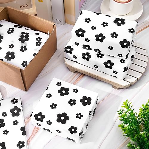 Miniatura 4 de Whaline 100 hojas de papel de seda bohemio con margaritas en blanco y negro, papel de regalo floral para manualidades, manualidades, flores hippie,