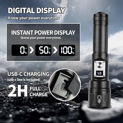 Miniatura 3 de RFFTQQ Linternas USB C recargables de 1500 lúmenes altos, luz de flash más brillante, potente linterna con zoom con pantalla de alimentación