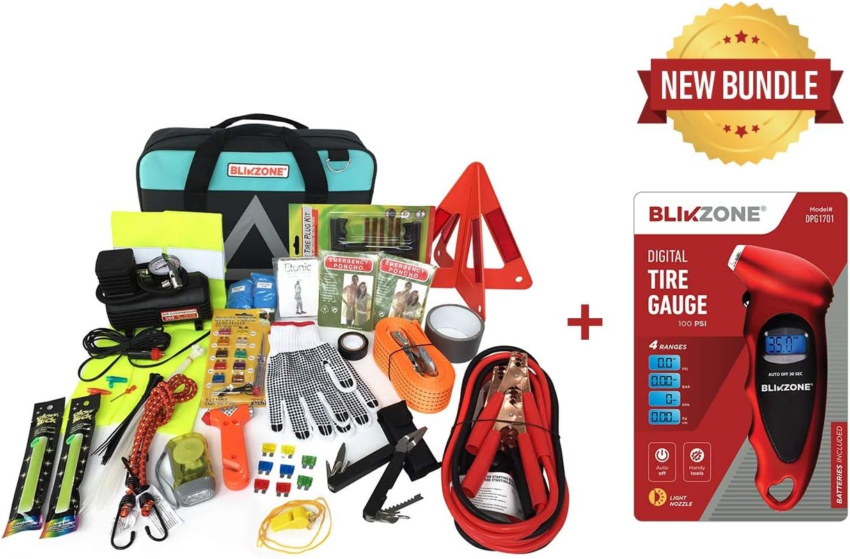BLIKZONE Auto Roadside Assistance Car Kit Aqua Bundled 82 Pc Accessories Vehicle Emergency: Portable Air Compressor, Jumper Cables, Digital Tire Pressure Gauge and Essential Tools for Roadtrips