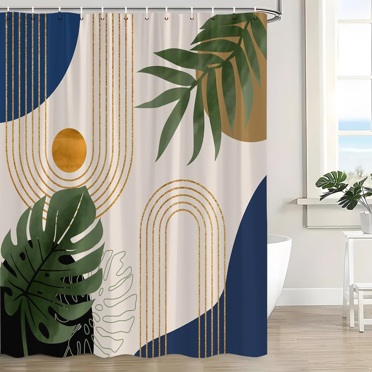 Mid Century Boho Sage Green Shower Curtain Abstract Geometric Modern Plant Botanical Minimalist Leaf Arch Sun Tropical Palm Leaf Neutral Navy Blue Fabric Bathroom Curtain Set with Hook