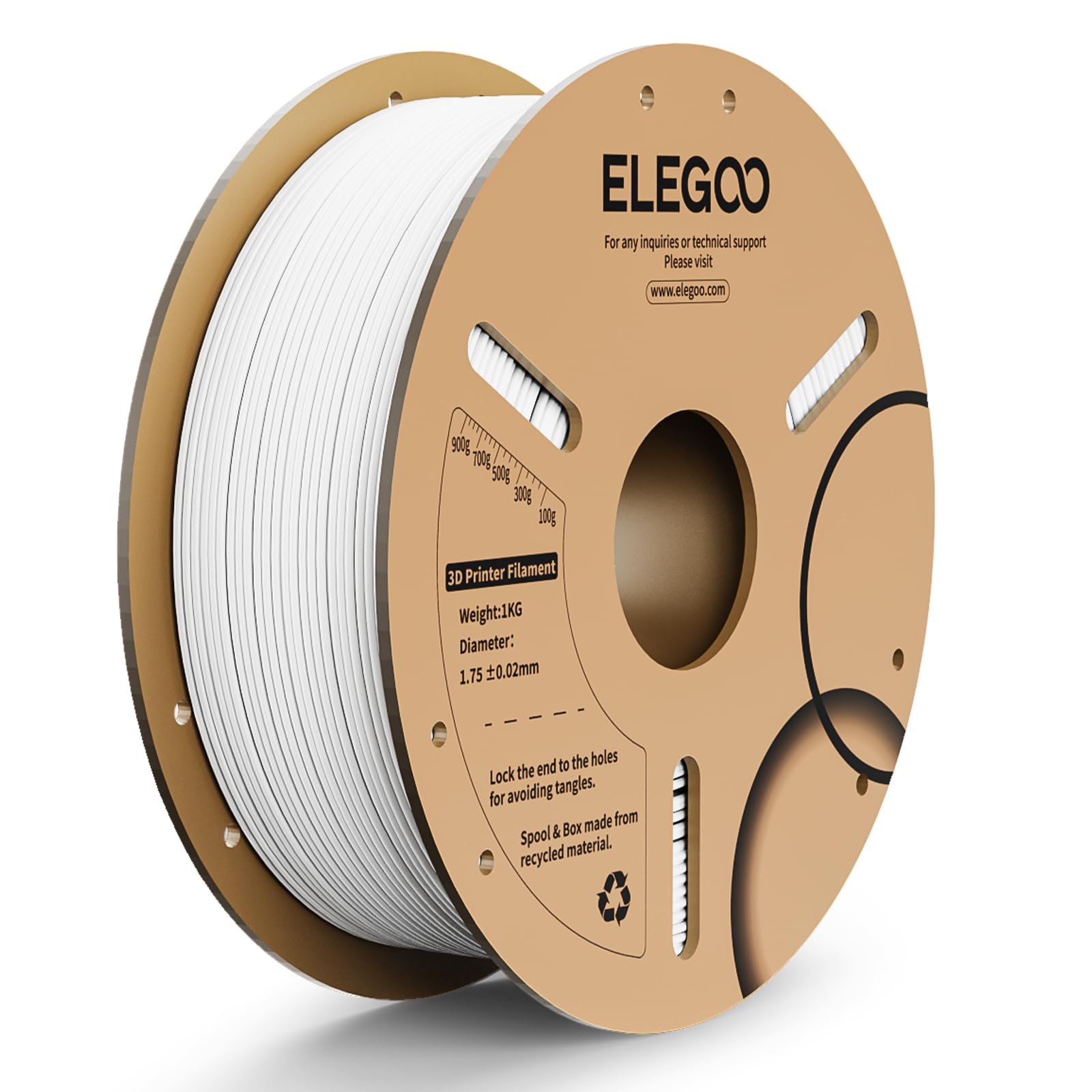 ELEGOO PLA 3D Printer Filament 1.75mm, Dimensional Accuracy +/- 0.02 mm, Filament 3D Printing Materials 1KG White