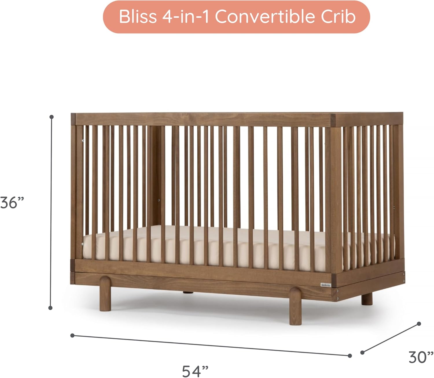 dadada Baby Bliss 4-in-1 Convertible Crib to Toddler Bed & Floor Bed – Made in Italy, GREENGUARD Gold Certified, Baby-Safe Finish, Sustainable Beech Wood, Modern Design, 4 Adjustable Heights (Walnut) - Image 2