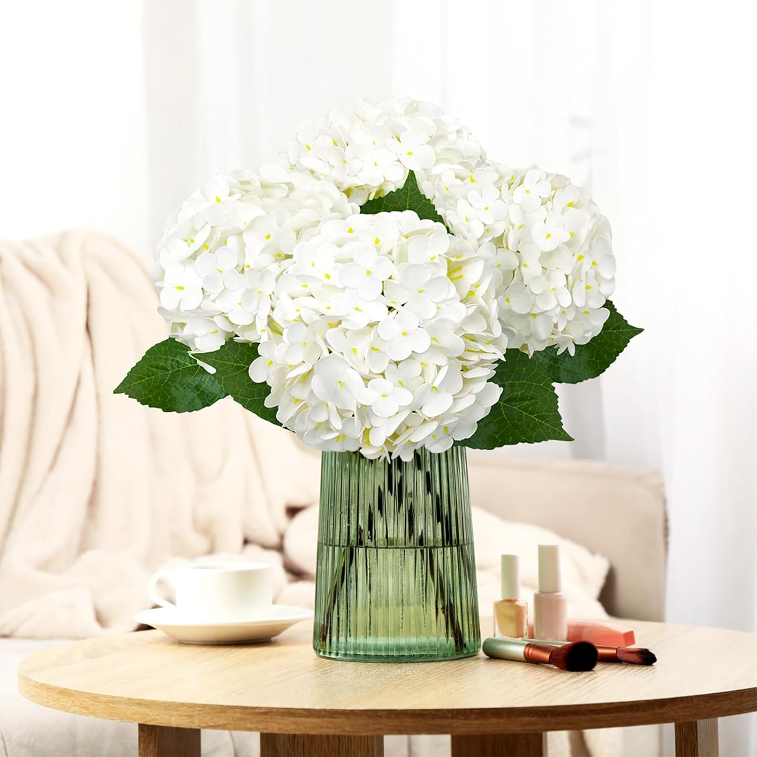 4 PCS Real Touch White Hydrangea Artificial Flowers 20.5", Latex Large Faux Hydrangeas Fake Flowers with Stems Leaves for Family Table Wedding Bouquets Party Centerpieces Home Decor in Vase - Image 4