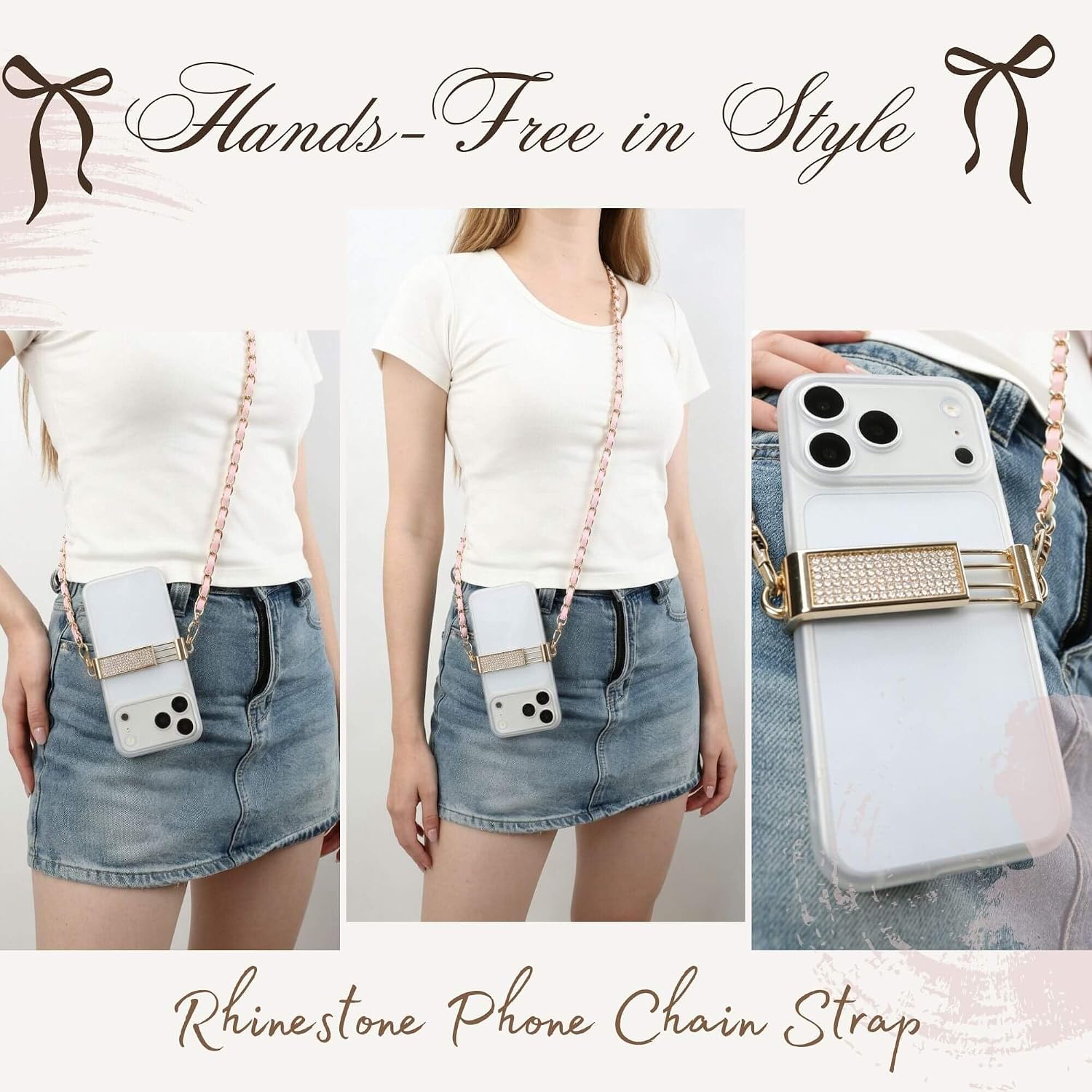 Phone Lanyard Crossbody with Bling Rhinestone Cellphone Clip, 27" Purse Chain Strap Holder for Women Girl