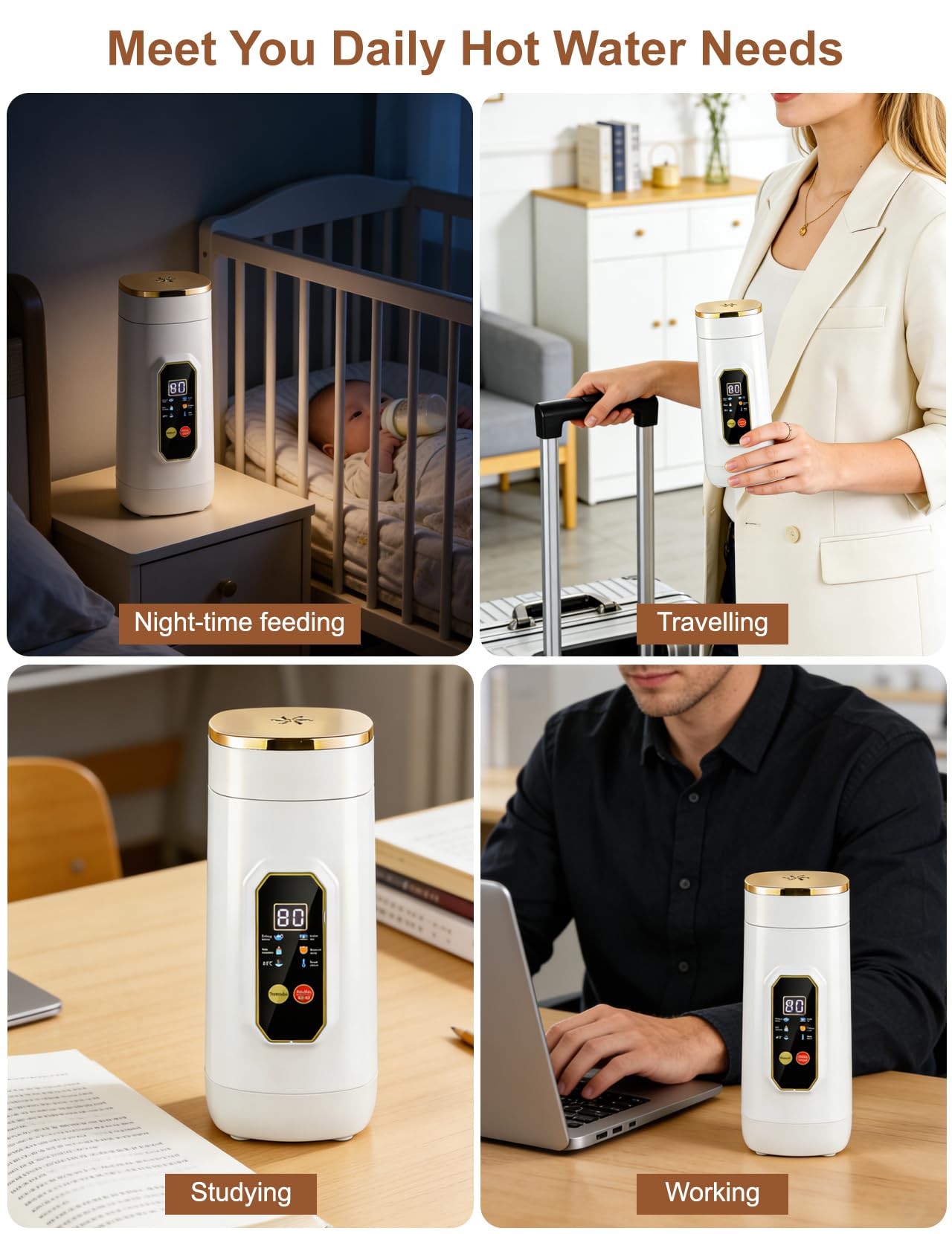 Mały Czajnik Podróżny, 450 ML Mini Czajnik z 6 Ustawieniami Temperatury Wyświetlacz LED Temperatury w Czasie Rzeczywistym Przenośny Czajnik Elektryczny do Herbaty, Mleka dla Niemowląt, Kawy