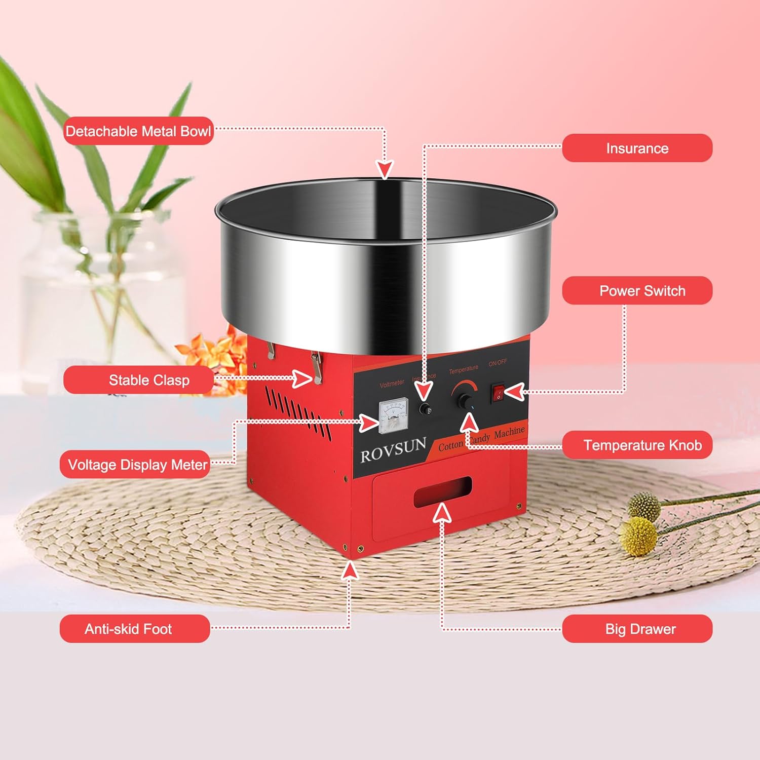 ROVSUN 21 Inch Cotton Candy Machine, Commercial Cotton Candy Maker Machine Electric Candy Floss Machine w/Stainless Steel Bowl, Sugar Scoop and Large Storage Drawer Home Party Carnival, Red