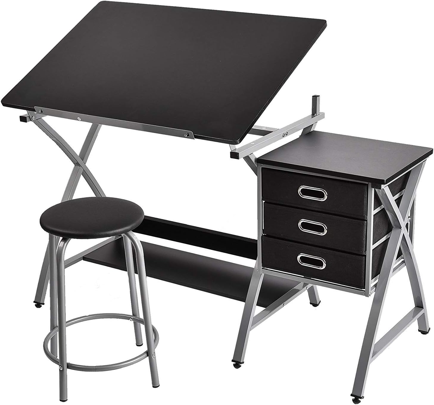 MECOR Drafting Table Art Craft Drawing Desk Art Hobby Folding Adjustable with Stool and 3 Drawers/Additional lower shelf, Black
