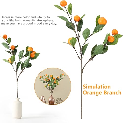 Miniatura 10 de 3 ramas artificiales de mandarina, rama naranja de simulación, rama de mandarina Kumquat, accesorios de frutas falsas realistas con hojas verdes 3