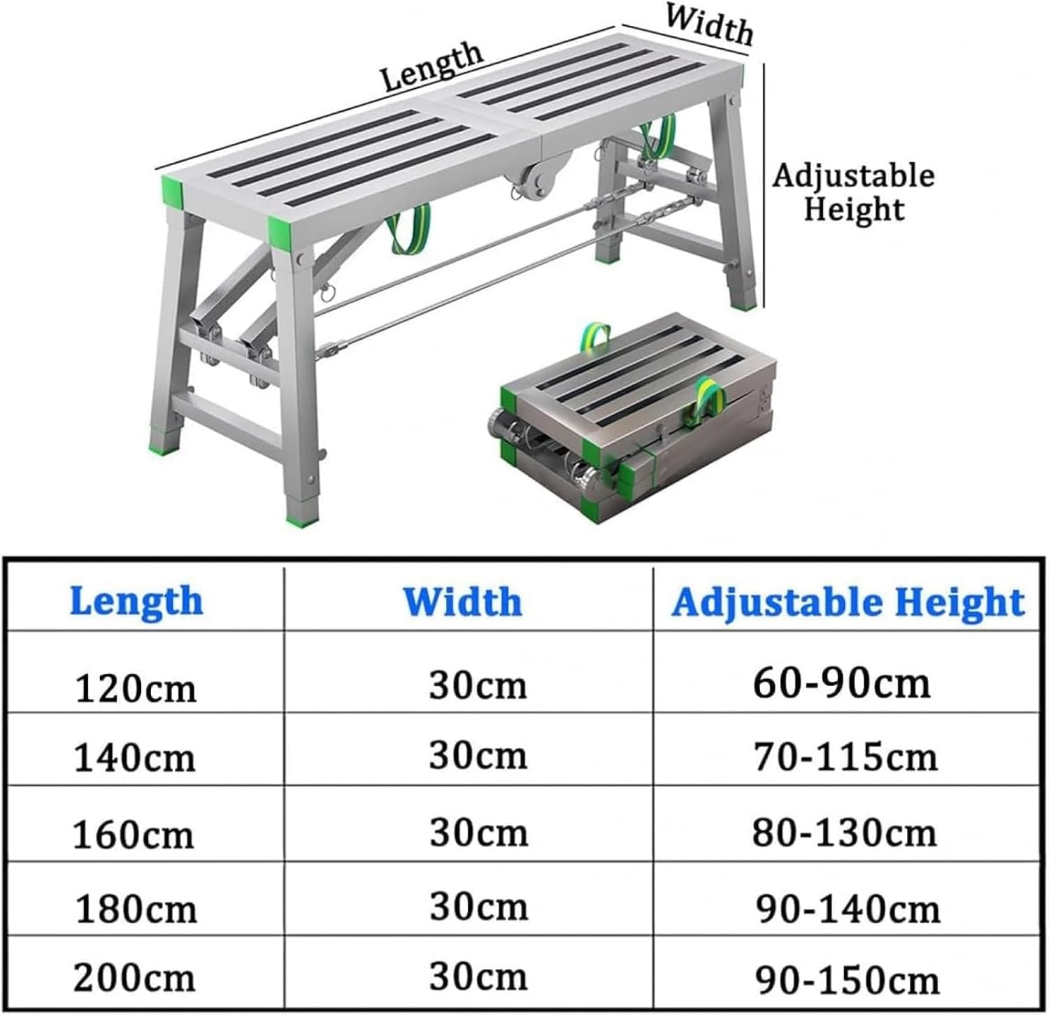 Stepladders,Portable Scaffolding Equipment, Multipurpose Tower Ladder Stool Work Bench Folding Scaffolding Platform Adjustable Height for Washing Vehicles, Cleaning Windows, DIY -200x30cm