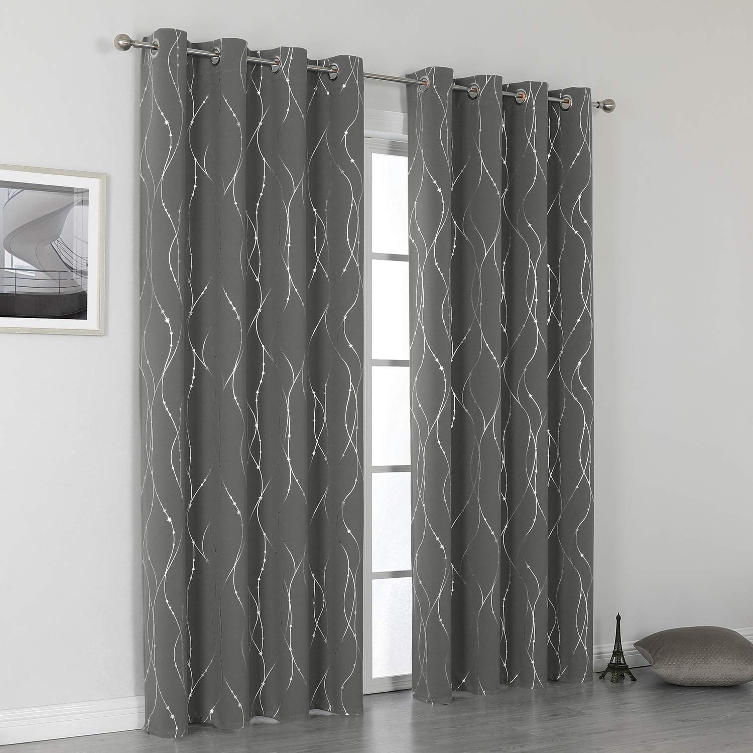 SMILE WEAVER Grey Blackout Curtains for Living Room 84 Inch Long 2 Panels,Room Darkening Curtain-Star Print Design Noise Reducing Thermal Insulated Light Blocking Bedroom Window Drapes