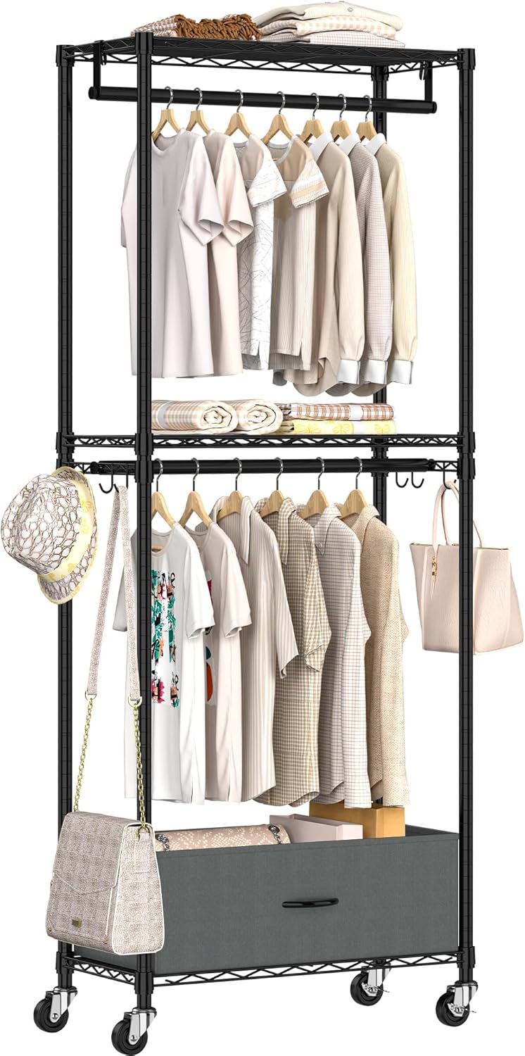 Rolling Clothes Rack, 3 Tier Garment Rack for Hanging Clothes, Metal Wire Wardrobe with Drawer Rods Portable Closet Organizer Freestanding Clothing Shelf with Wheels, Black Rolling Clothes Rack, 3 Tier Garment Rack for Hanging Clothes, Metal Wire Wardrobe with Drawer Rods Portable Closet Organizer Freestanding Clothing Shelf with Wheels, Black