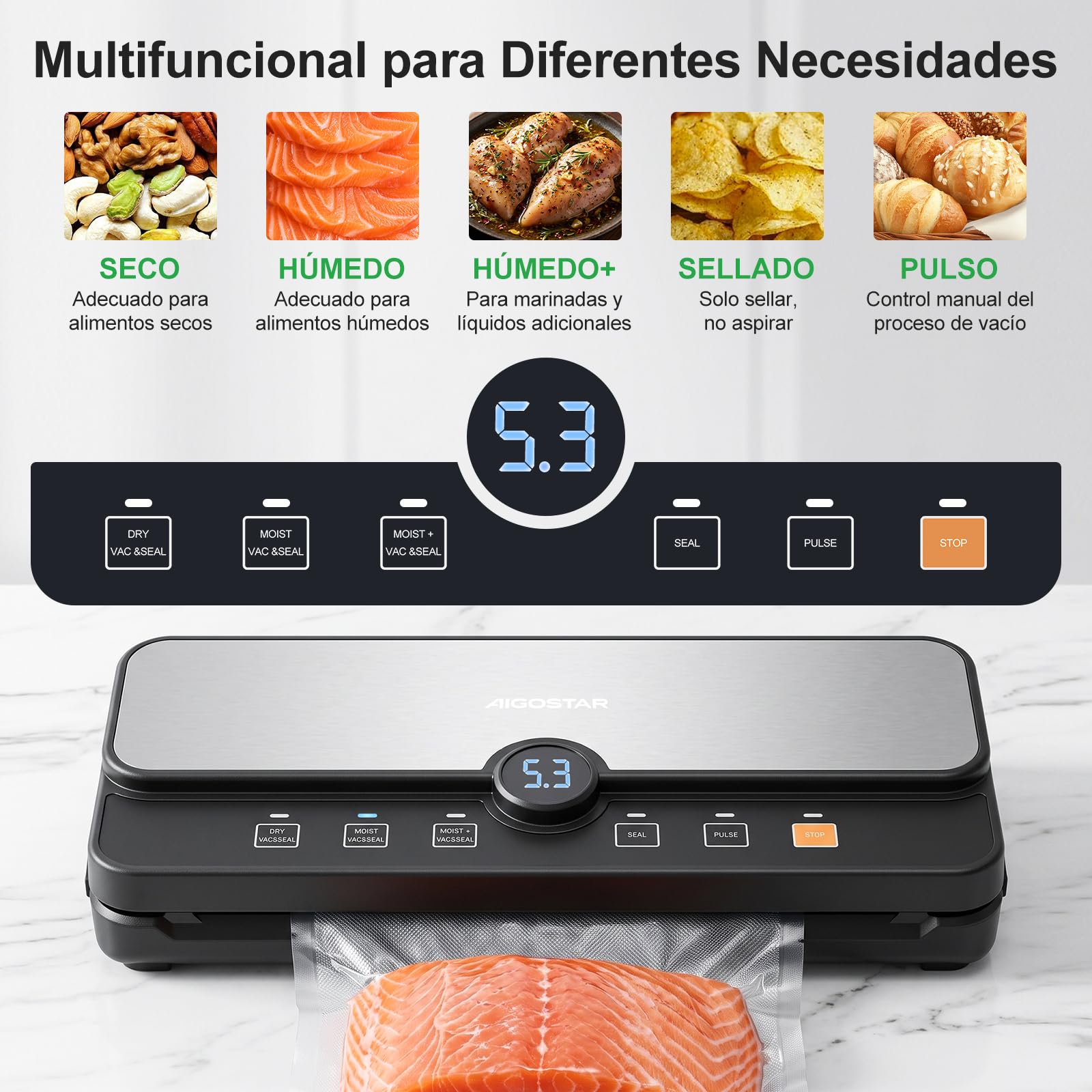 Aigostar Envasadora al Vacío, 9L/min, Pantalla Digital, Bandeja Extraíble | Envasadora al Vacío Doméstica con 6 Modos, Función Moist+, Cortador y Almacén de Rollos, Incluye 10 Bolsas y 2 Rollos