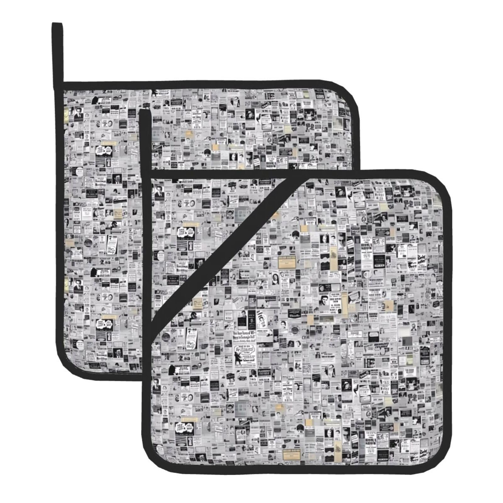 HJFCZH newspaper Prints Square Hot Pads for Kitchen - Waterproof Heat Resistant Potholders, Thick Trivet Covers with Hanging Loops, Oven & Grill Dish Protectors (2-Pack)