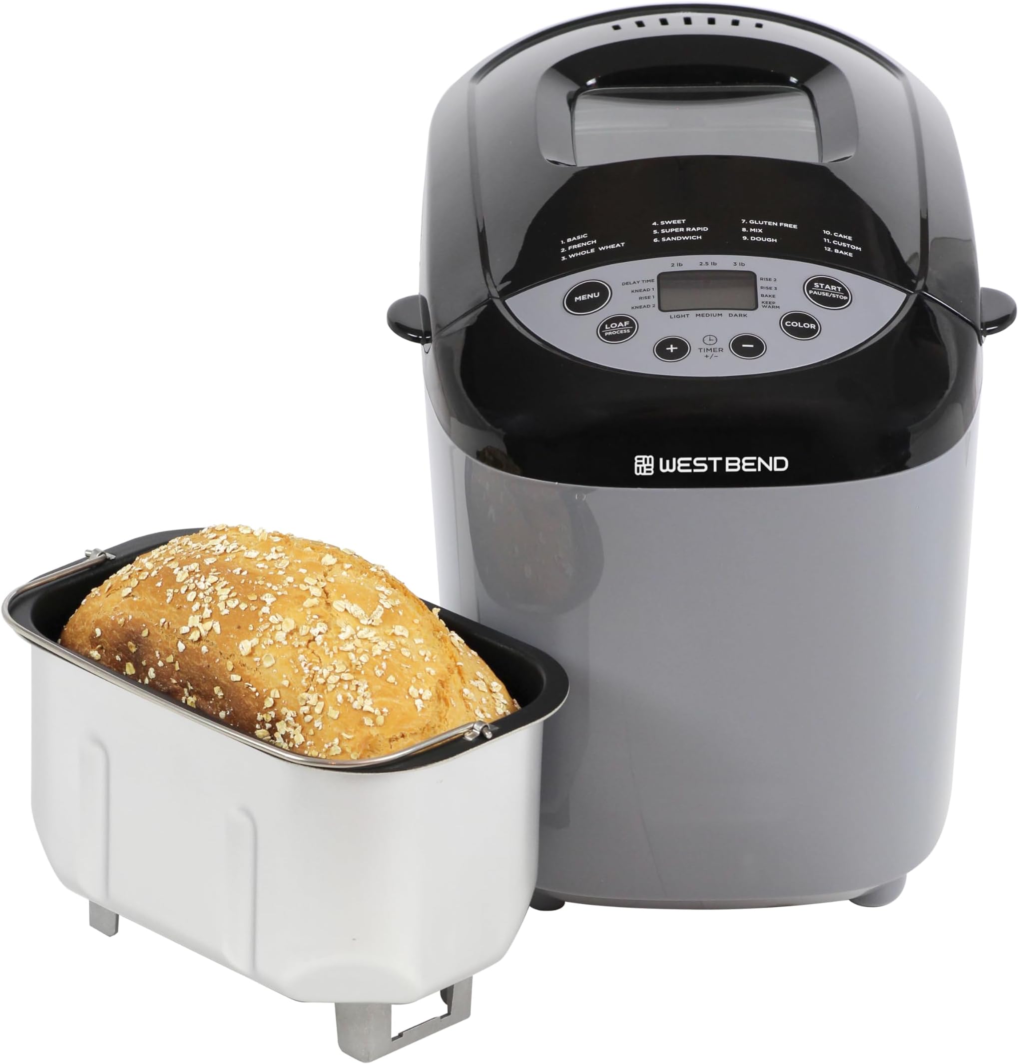 West Bend 47413 Programmable Horizontal Hi-Rise Bread Maker Dual Blade with 12 Programs Including Gluten Free, 3-Pound, Gray