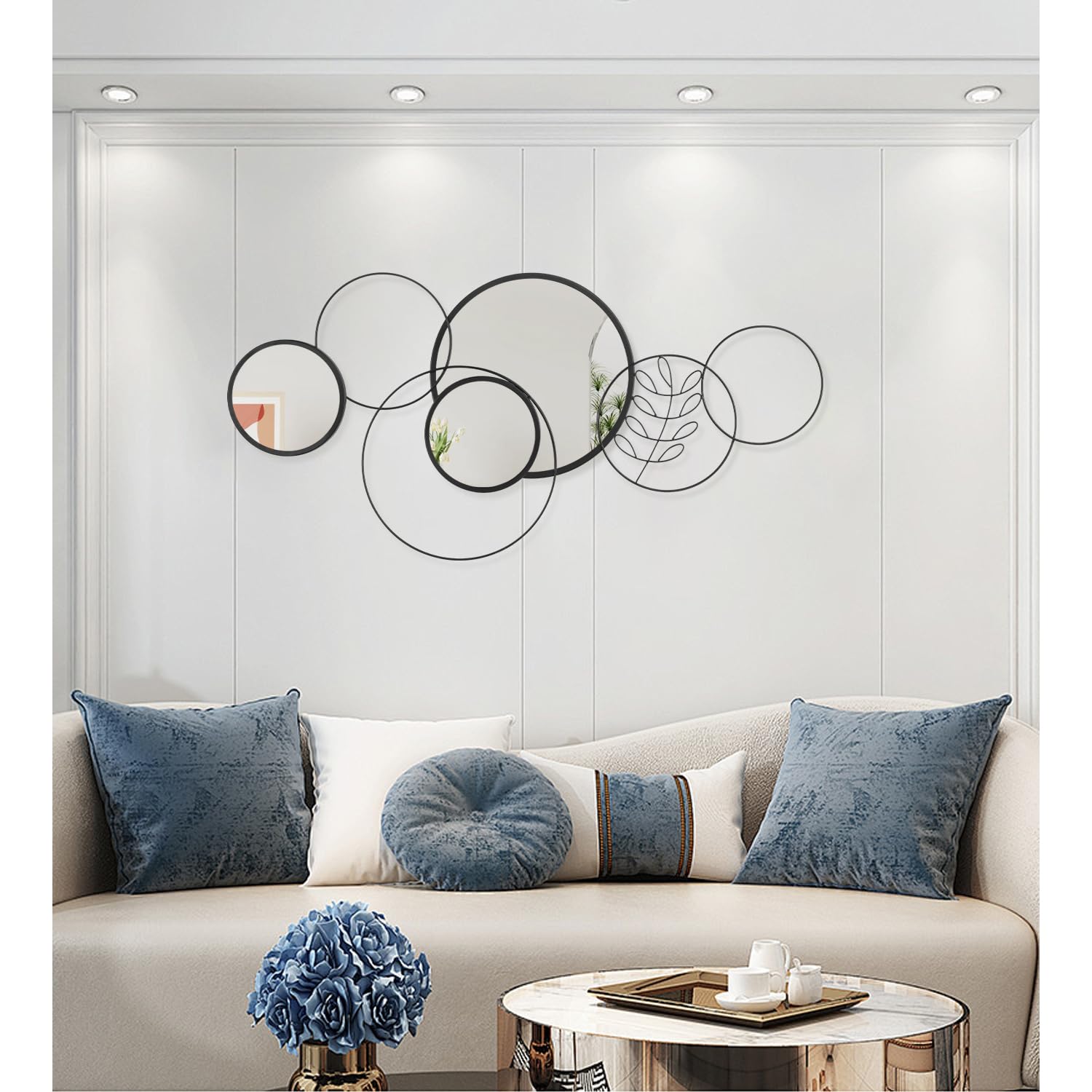 Set di 4 specchi rotondi da parete, con cornice in metallo nero, specchi decorativi moderni per soggiorno, camera da letto, ingresso, bagno, 40 x 80 cm, decorazione per la casa