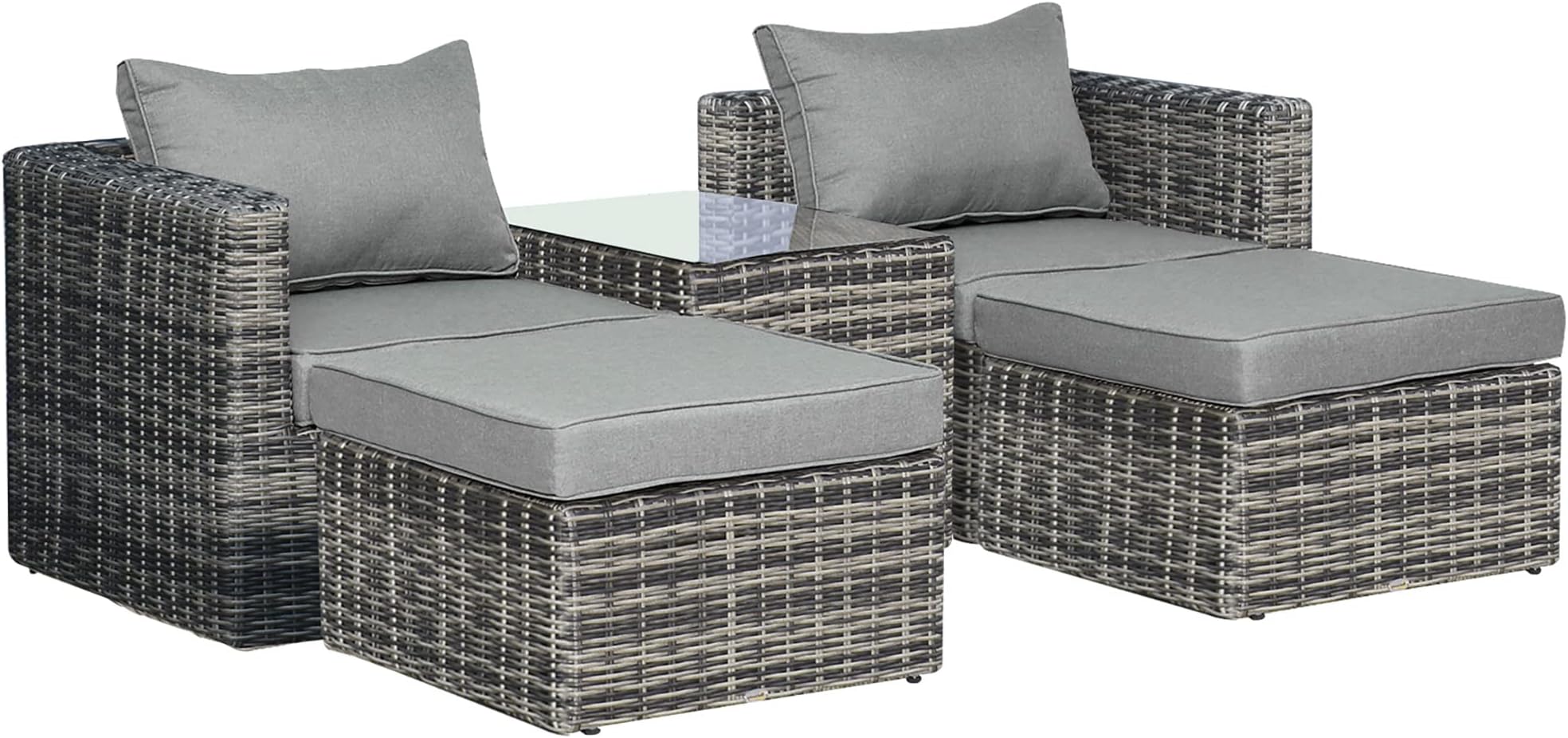 Outsunny 5 Piece Rattan Garden Furniture Set w/ 10cm Thick Cushions, Aluminium Frame Wicker Outdoor Balcony Sofa Set with Corner Armchairs, Ottomans, and Glass Top Table, Mixed Grey