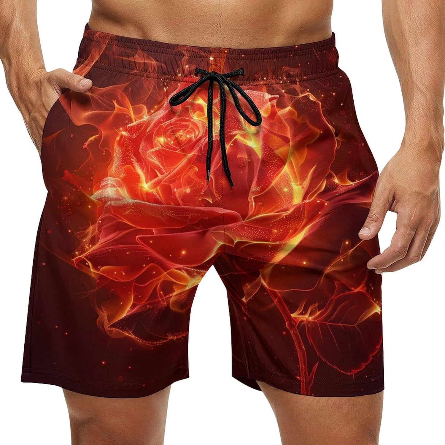Burning Red Rose Casual Men's Swim Trunks Novelty Summer Beach Shorts Swimwear with Pocket