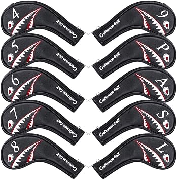 10pcs/Set Shark Golf Club Iron Head Covers Headcover with No. on Both Sides Suitable for Right and Left Handed Golfer Zipper Closure