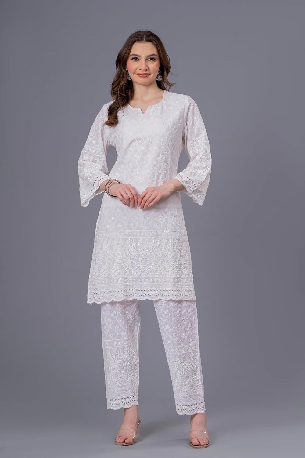 LONIX Women's White Chikankari Kurta Set – Hand Embroidered Cotton Kurti Pant & Dupatta – Traditional Indian Tunic Dress