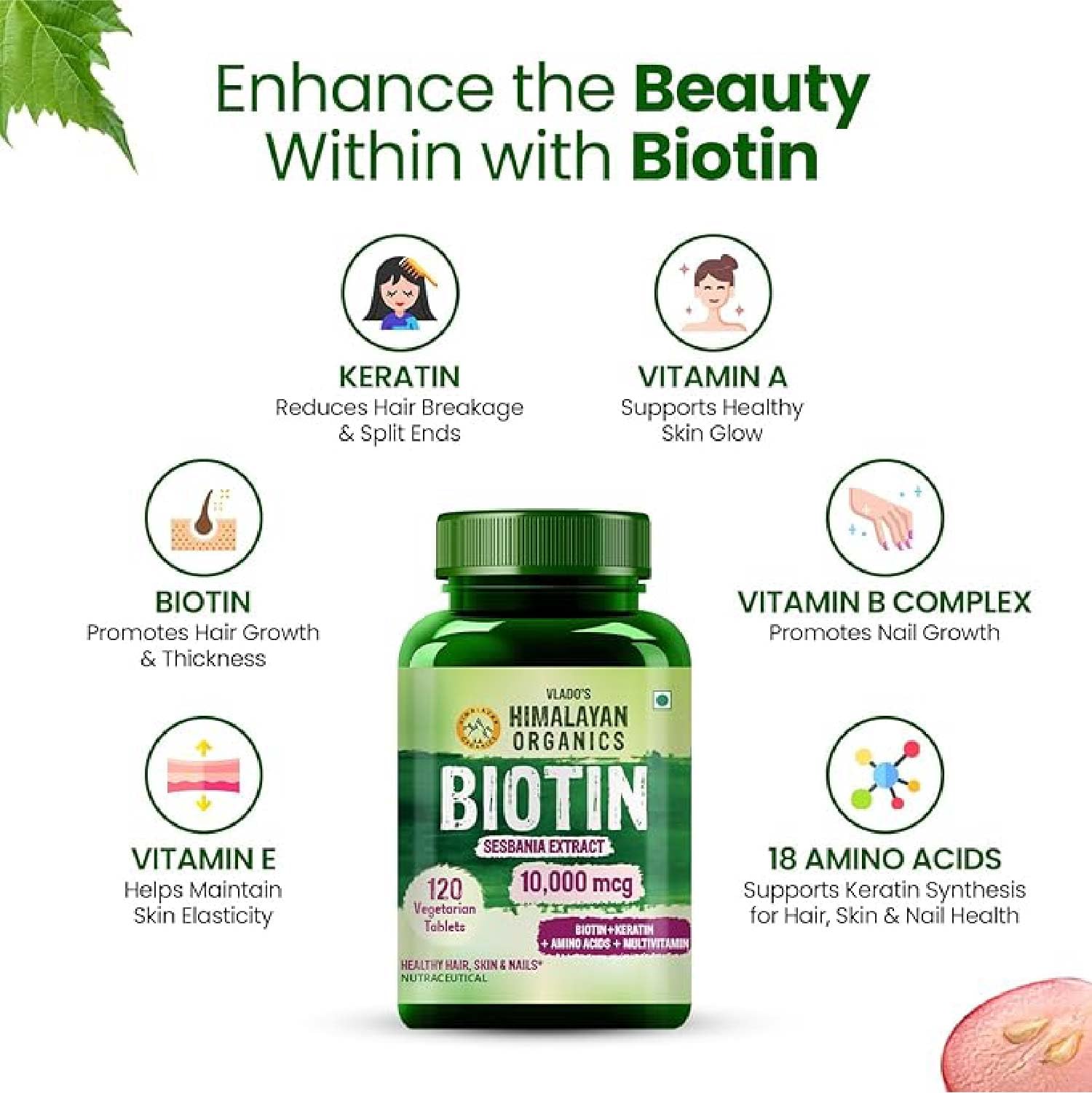 Vlado’s Himalayan Organic Biotin 10000 MCG Supplement For Men And Women With Keratin+Amino Acids+Multivitamin For Healthy Hair, Skin & Nails -120 Vegetarian Tablets - Image 4 thumbnail