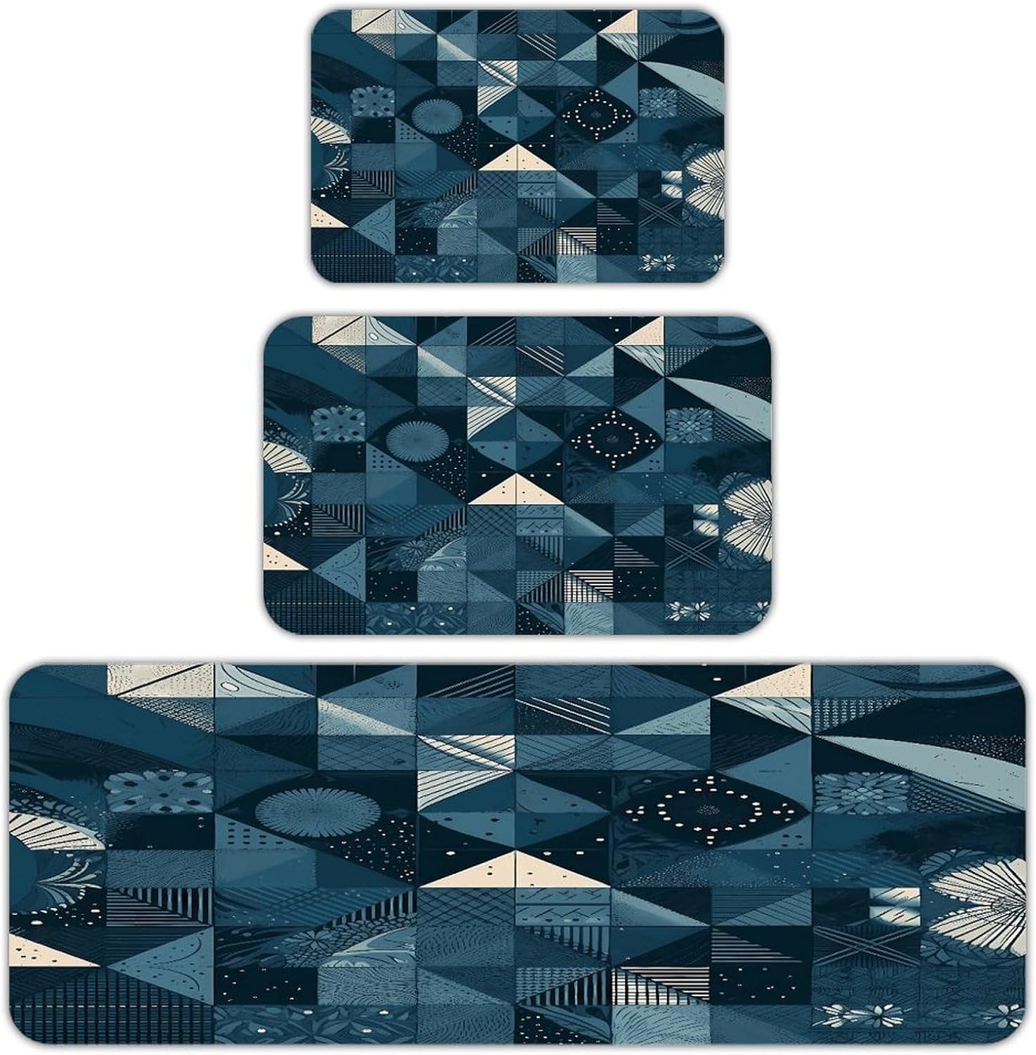 Blue Geometric Pattern Kitchen Mats Soft Absorbent Rugs for Floor Non Slip Washable Kitchen Mats Fashion Rectangular Rugs for Three-Piece Set for Laundry Office Home Sink