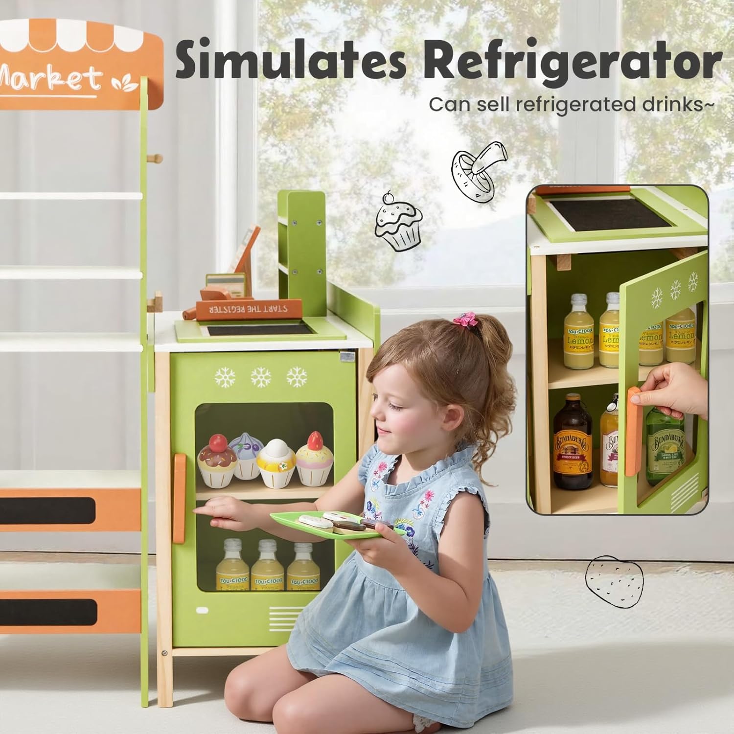 labebe Pretend Grocery Store Playset for Kids,Wooden Supermarket Toy Set with Cash Register,Play Food Accessories Store Set Suit Gift for Toddler Boys Girls