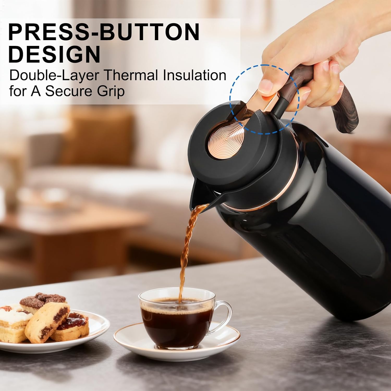 Thermal Coffee Carafe - 2L/70oz Double-Walled Vacuum Insulated Stainless Steel Coffee Carafe with Ergonomic Handle - Hot & Cold Retention for Coffee, Tea, Milk, Water - Image 2