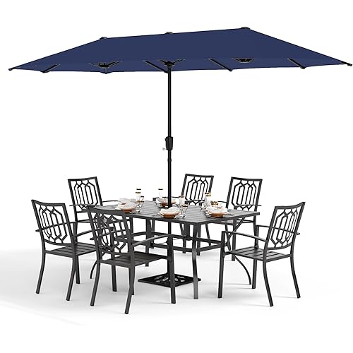 PHI VILLA Patio Dining Set 8 PCS with 13ft Double-Sided Patio Umbrella(Navy Blue)，Metal Outdoor Dining Set - 6 x Outdoor Stackable Chairs, 1 x 60"x38"Rectangle Dining Table and 1 Umbrella