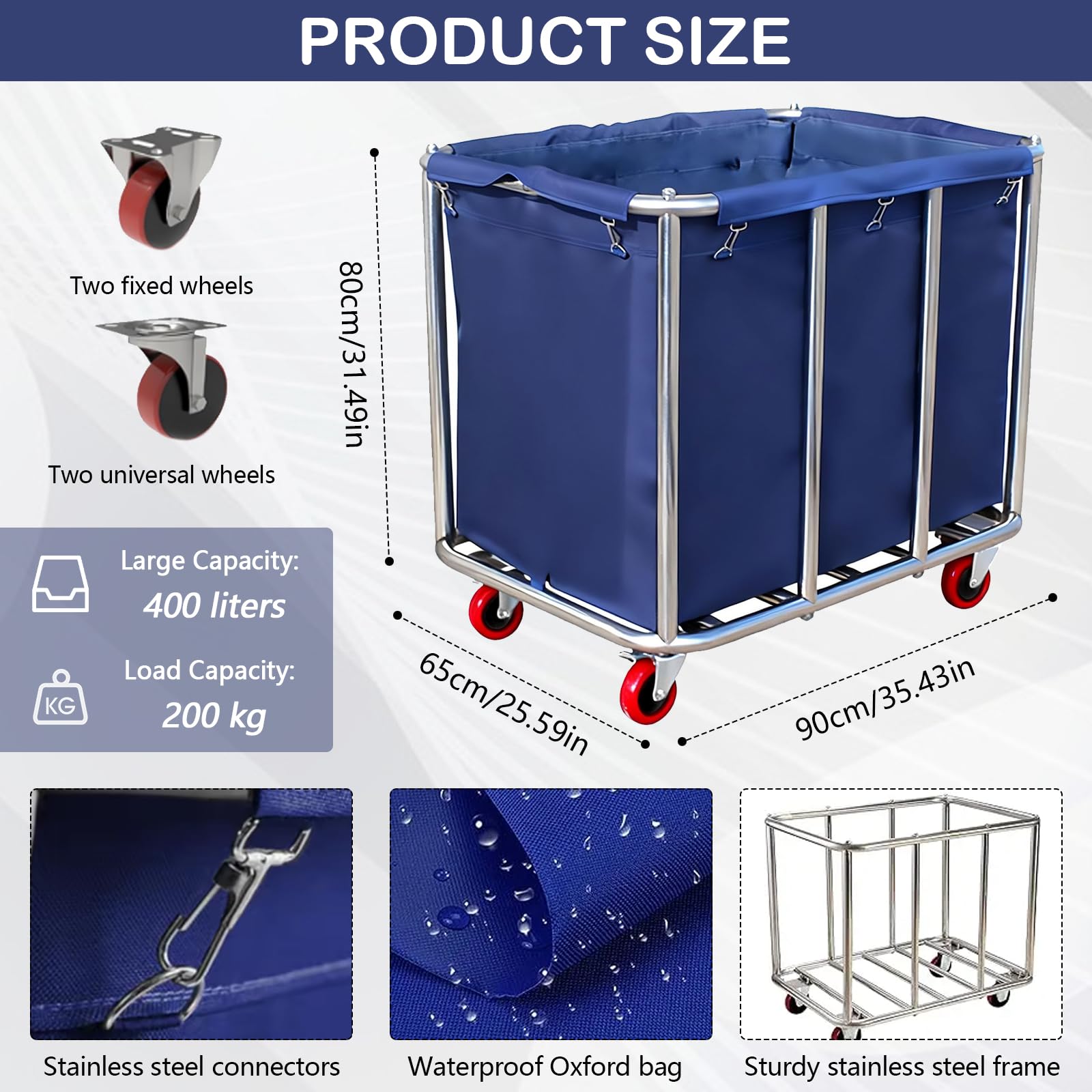 Carrito Lavandería, Cesto Ropa Acero Inoxidable Con Ruedas Clasificador Ropa Comercial Impermeable Inoxidable Extraíble Cestos Ropa Grandes Para Hogar Hotel Y Lavandería Capacidad 120Kg 90X65X81cm