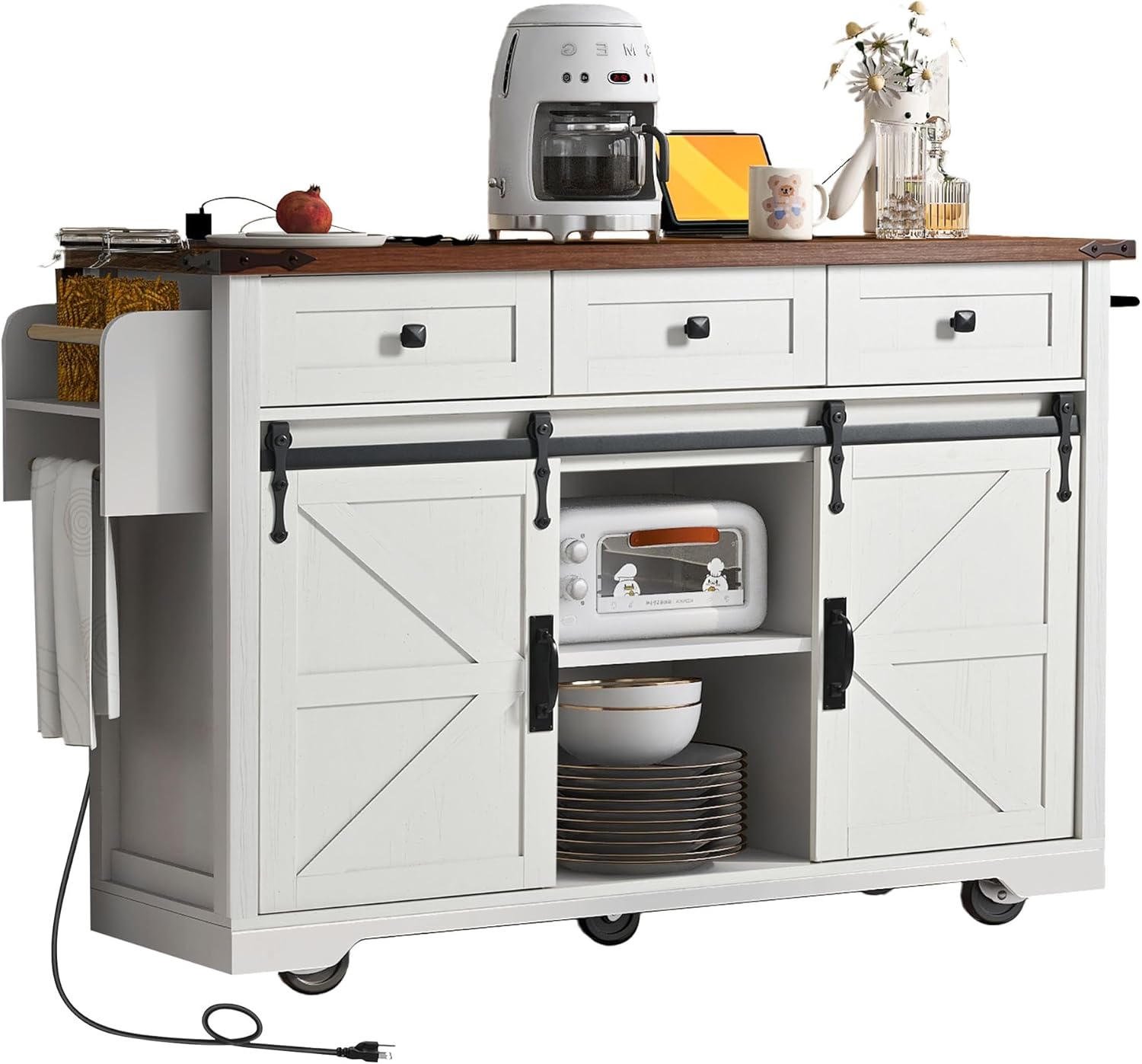 54" Farmhouse Kitchen Island with Power Outlet, 2 Sliding Barn Door Storage Island with Drop Leaf,Rolling Cart on Wheels, for Home Furniture and Dining Room