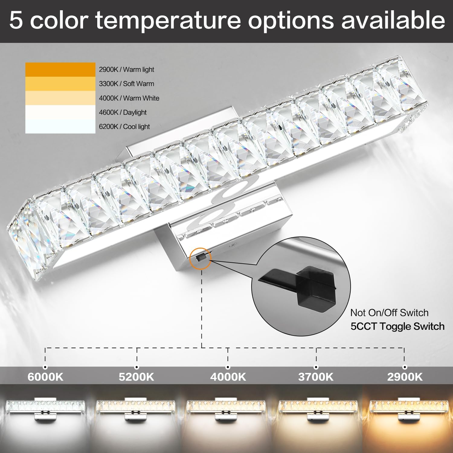 SOLFART Crystal Vanity Lights for Bathroom, 5 Color Adjustable Dimmable,16.5 Inch LED Bathroom Vanity Light Fixtures 5CCT