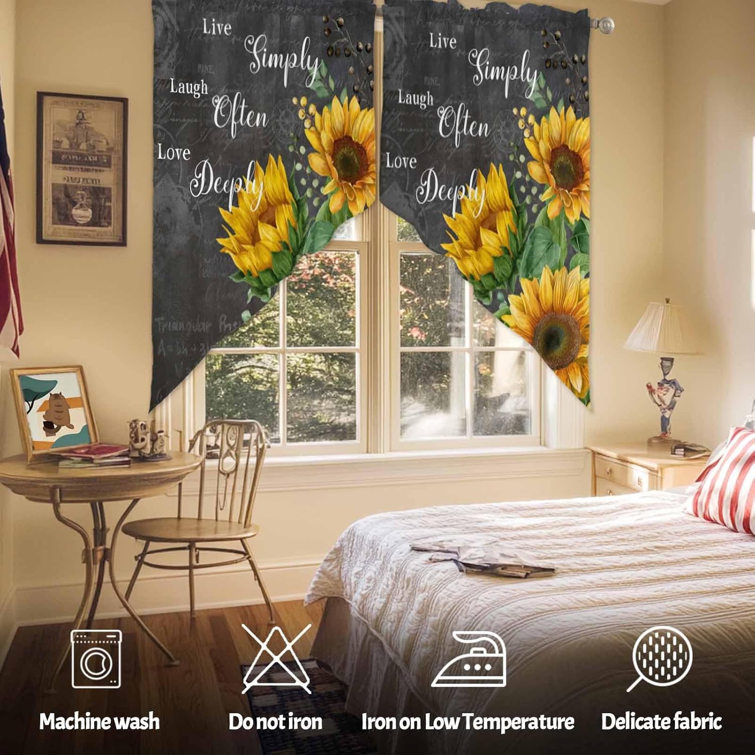 Yellow Sunflowers Swag Curtains Farmhouse Floral Rustic Leaves Dark Grey Swag Valances for Kitchen Windows, Window Treatment Topper Curtains for Living Room Bedroom Bathroom, 36" W x 63" L