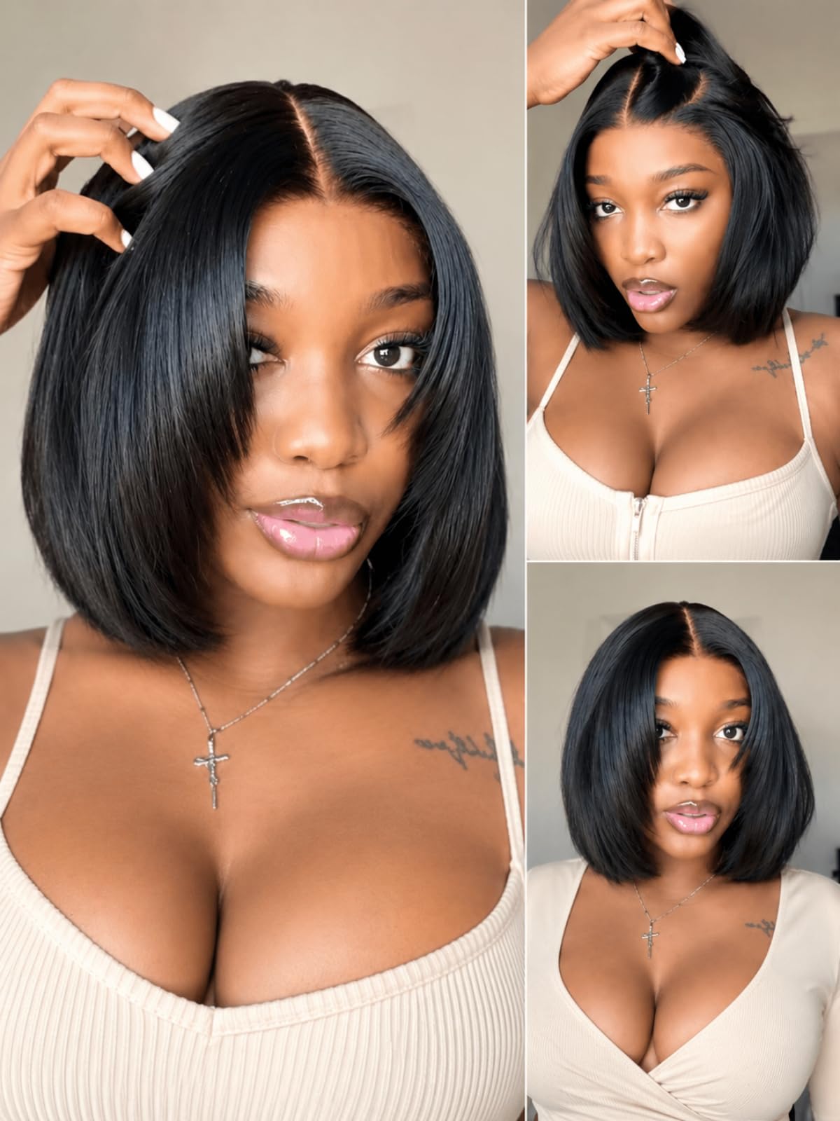Yaki Straight Bob Drawstring Wig Human Hair with Face Framing Layers 180% No Slip Yaki Straight Bob Wig Human Hair 7x5 Lace Front  main image 2