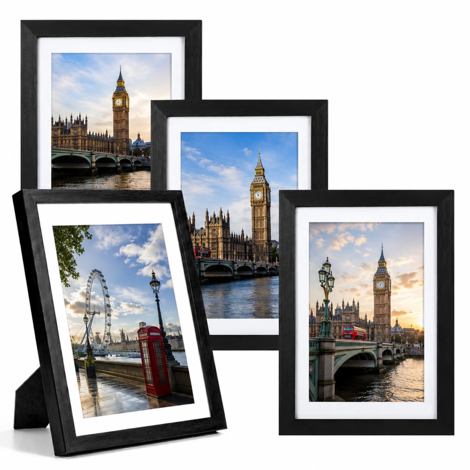 A4 Picture Frame Set of 4, MDF Photo Frame with Plexiglass & Mount, A4 Poster Frame with Stand, for Wall or Tabletop Display, Landscape or Portrait Orientation (Black)